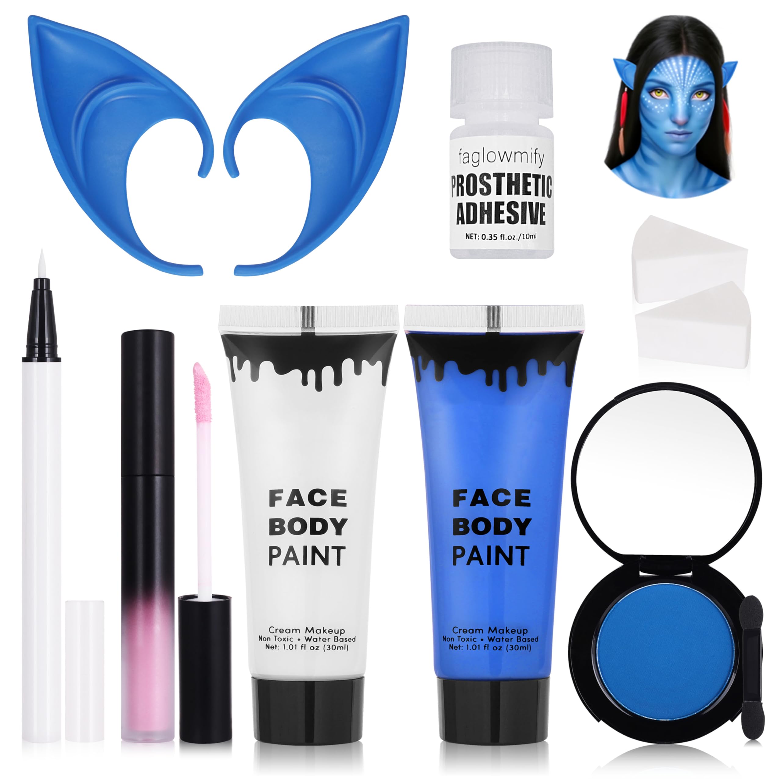 8pcs Avatar Makeup Kit,Navy Blue White Face Paint, Royal Blue Face Paint for Smurf Mystique Cosplay,Lip Gloss,White UV Eyeliner, Short Elf Ears,Single Eyeshadow,Halloween Body Paint Set with 2 Sponges