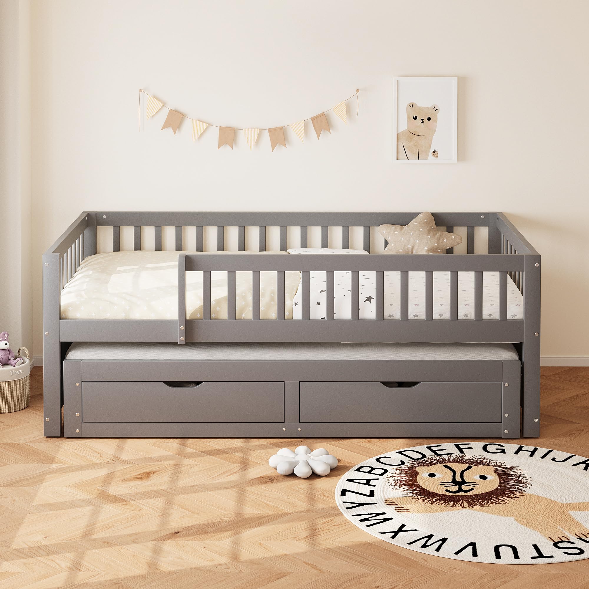 Kebnor Divano letto in legno massiccio, rete di sicurezza completamente rivestita, letto estraibile con 2 cassetti sottostanti, con rete a doghe, lettino per ragazzi e adulti (grigio, 90 x 200 cm)