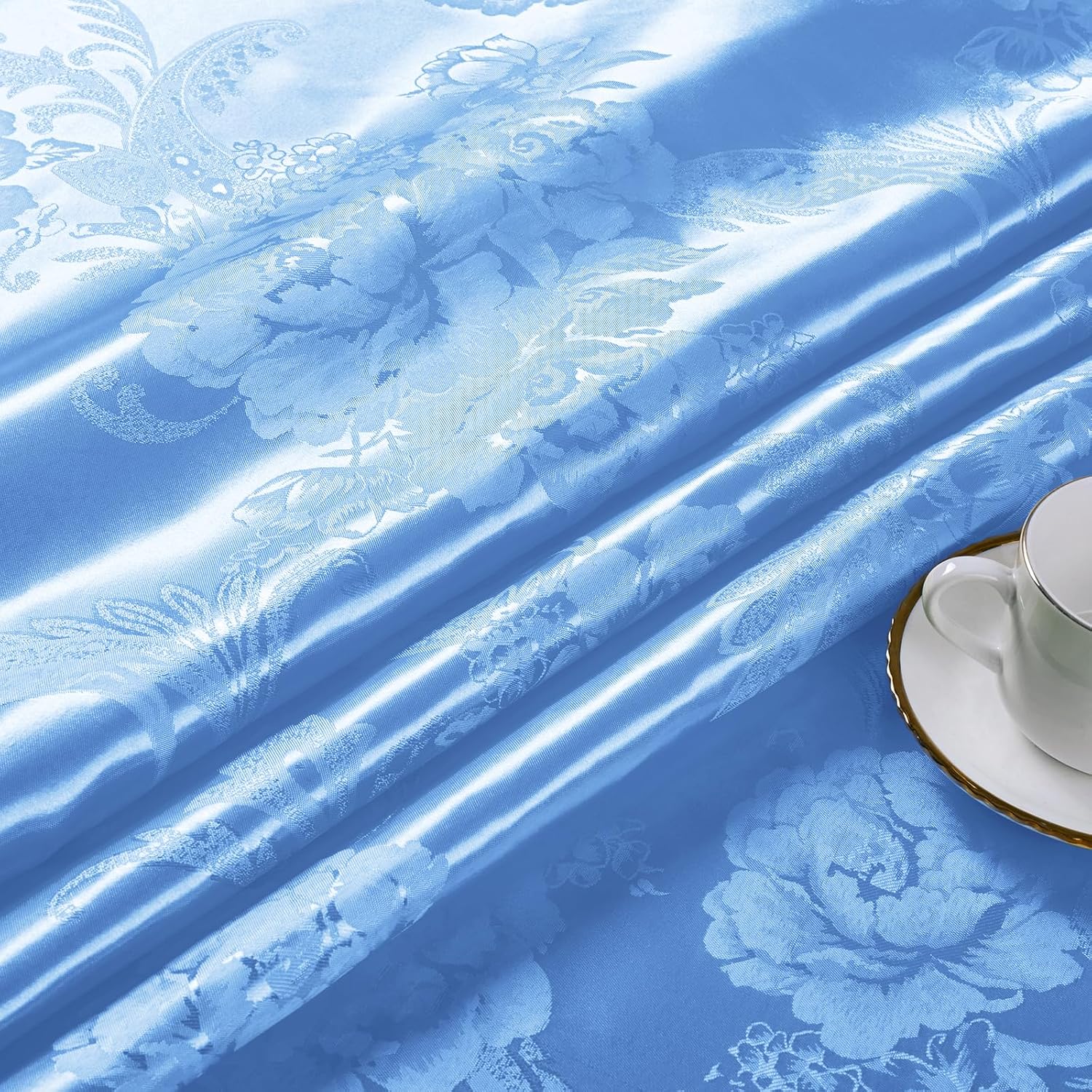 KKJIAF Satin Jacquard Fabric, 49" Wide Peony Pattern Shiny Silky Brocade Fabric for Dress, Shirts, Tablecloth, Table Runner, Wedding Decor, DIY Crafts, 3 Yards, Light Blue