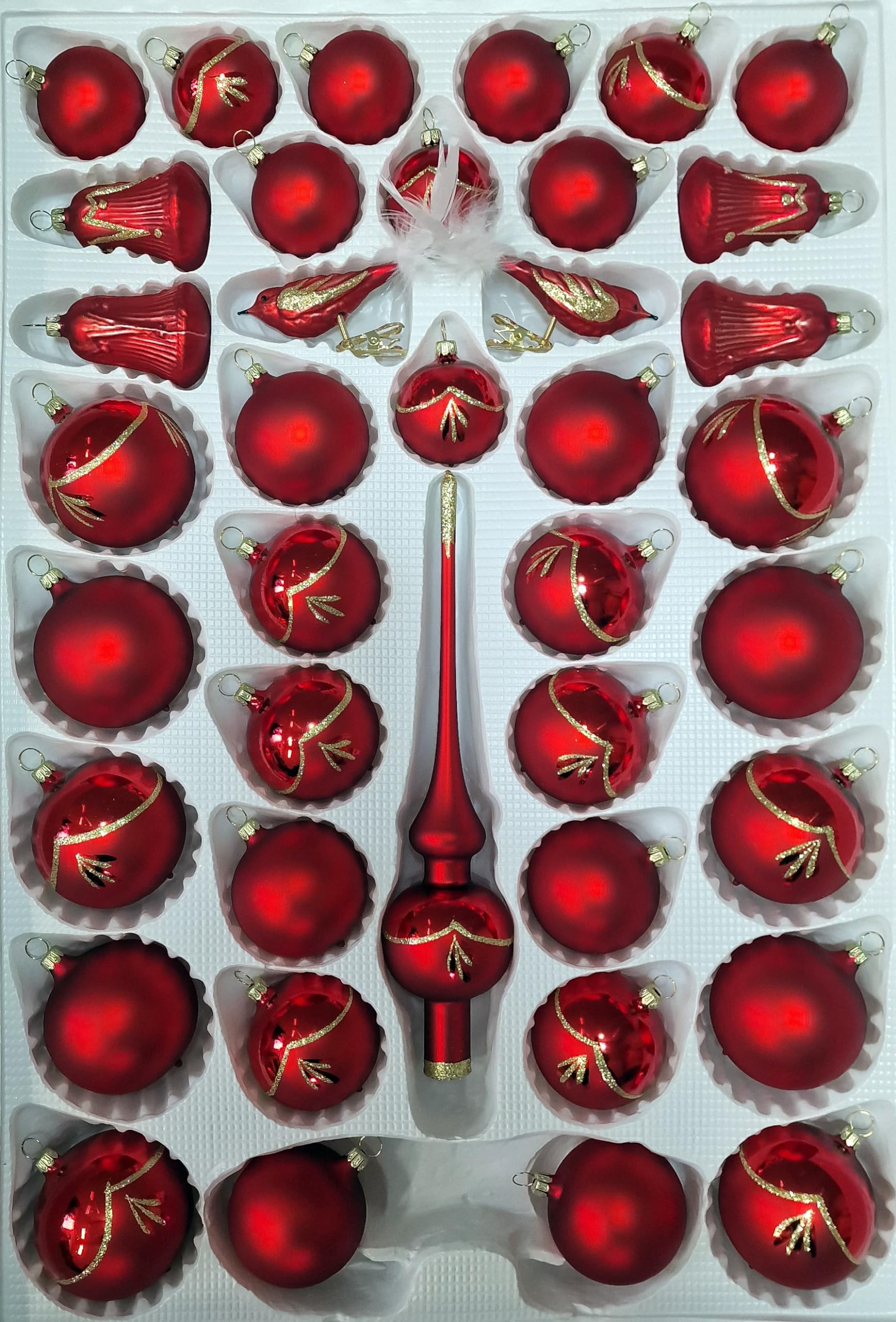 Lauschaer Glas Christbaumschmuck Sortiment mit Glocken rot Glanz matt 39 Teile Christbaumschmuck Weihnachtsschmuck mundgeblasen, handdekoriert