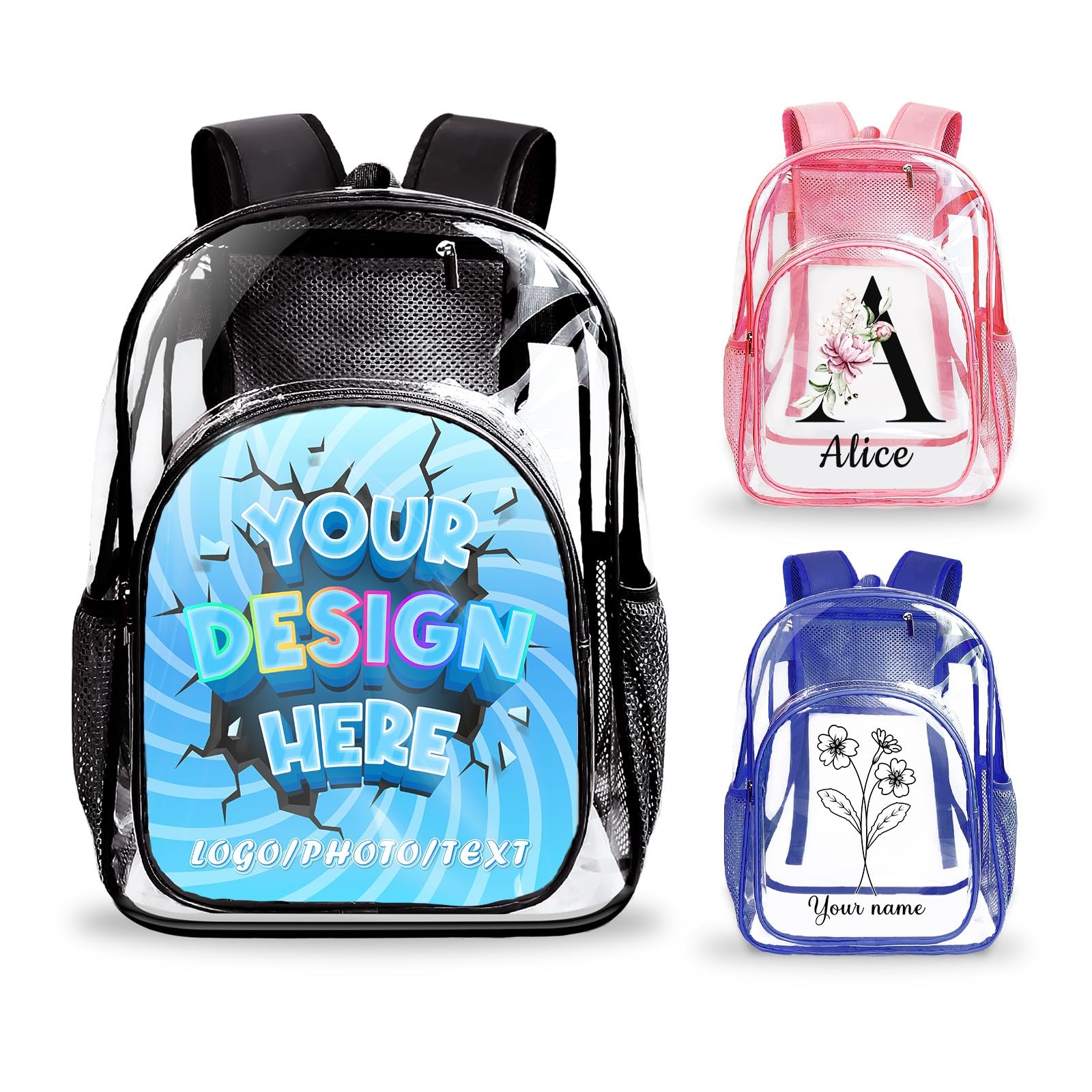 Eccustomized Personalized Clear Backpacks for Kids - TPU Transparent Backpack for Teens, Adults - Heavy Duty Clear Bag for School, Stadium