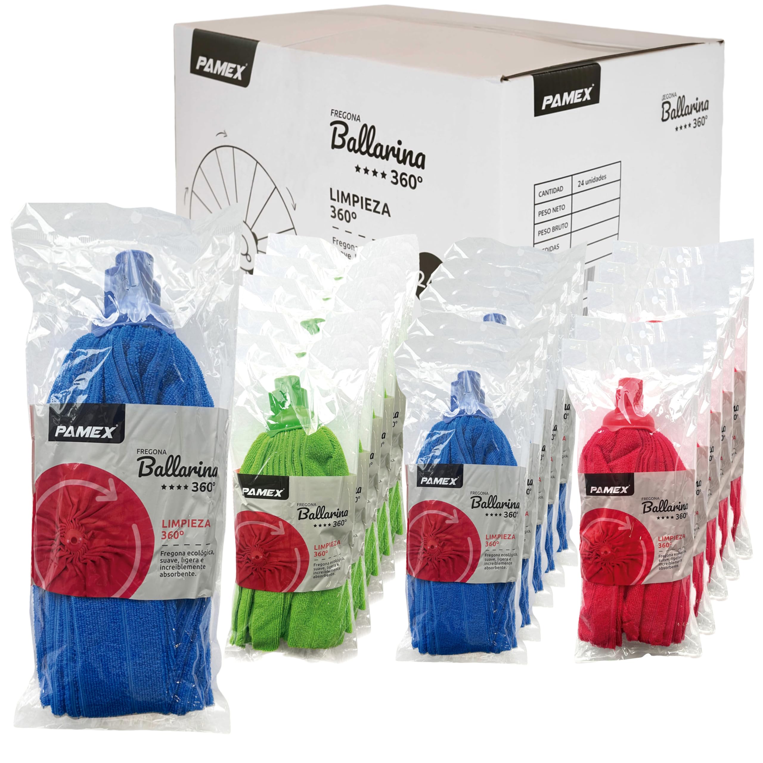 Pamex - Fregona Microfibra Ballarina 360º en Tres Colores Azul, Rojo, Verde Fregona Superabsorbente - Caja de 24 Unidades