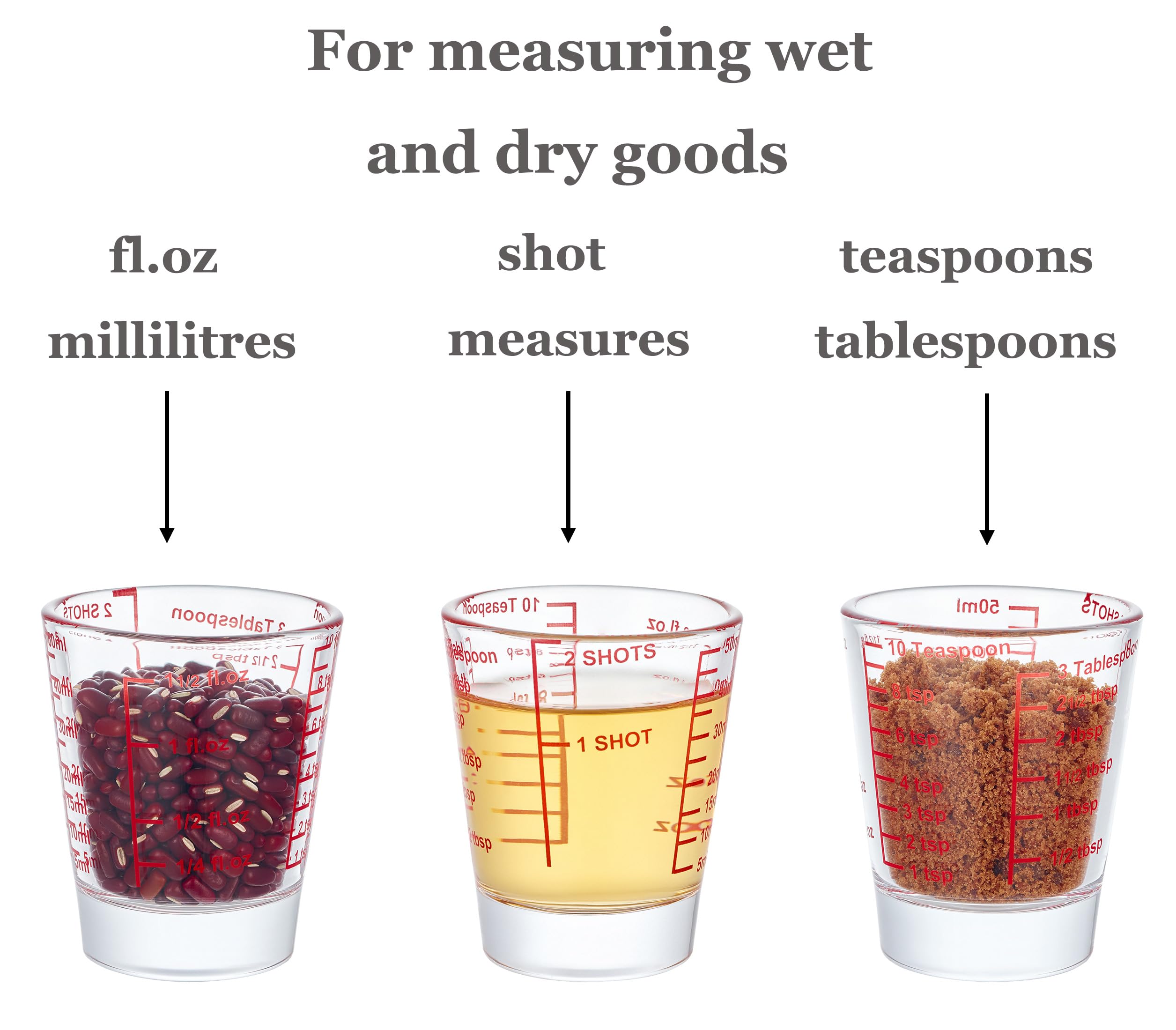Ackers Mini Medidor de vidrio pesado, 32 mediciones incrementales, vaso de chupito multiusos para medir líquido y seco, rojo individual