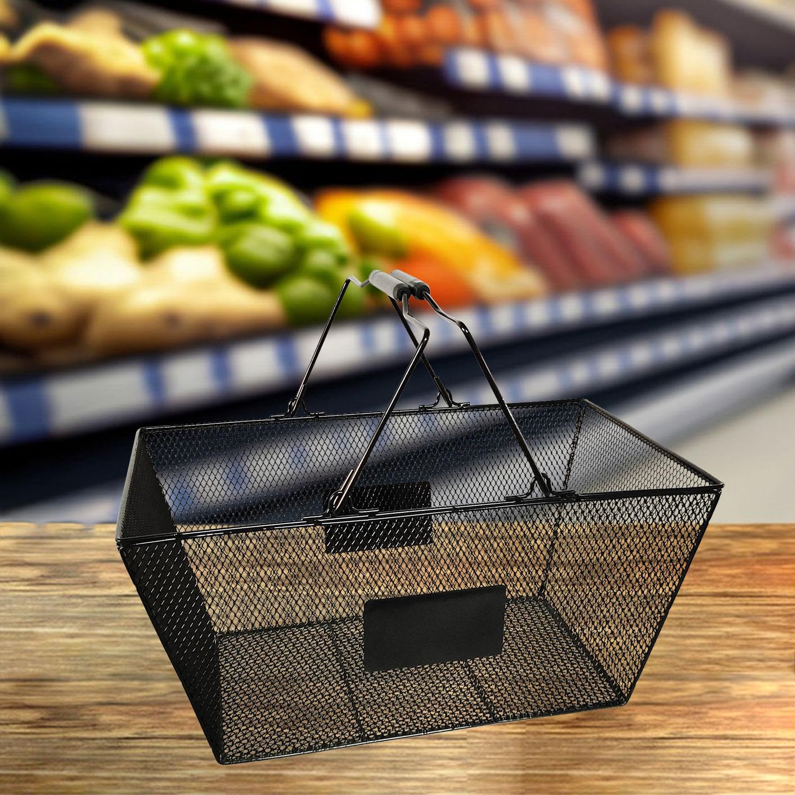 Cesta de Compras Metálica con Asas de Alambre Canasta Portátil para Supermercado Organizador Decorativo de Mano para Tienda Rejilla Resistente para, Negro, Individual