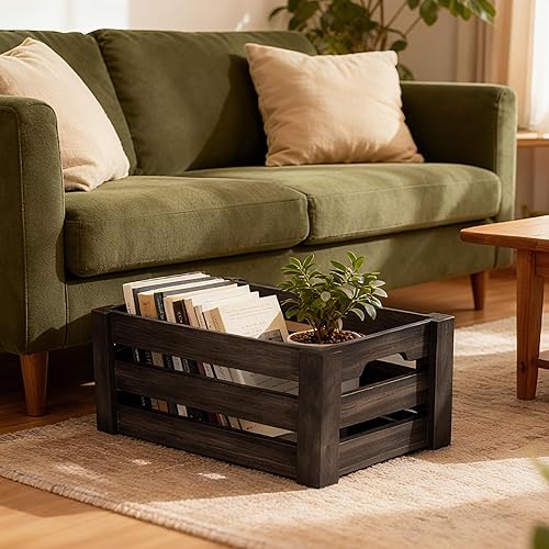 Miniatura 7 de Juego de 3 cajas de madera rústica con asas, cajas de almacenamiento decorativas de granja, cestas de exhibición de madera recuperada para