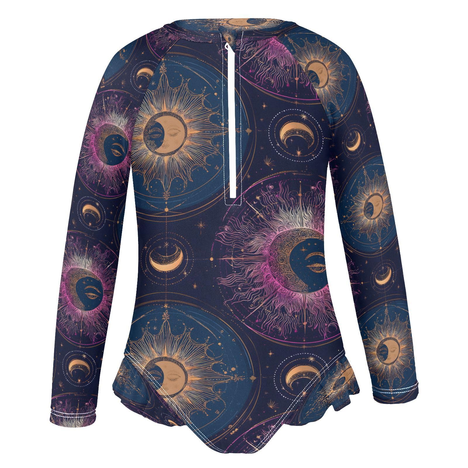AEZODI Dreamy Moon Constellations Girls Long Sleeve Swimsuits One Piece Zipper Bathing Suit UPF 50+ Rashguard Swimwear Multicoloured