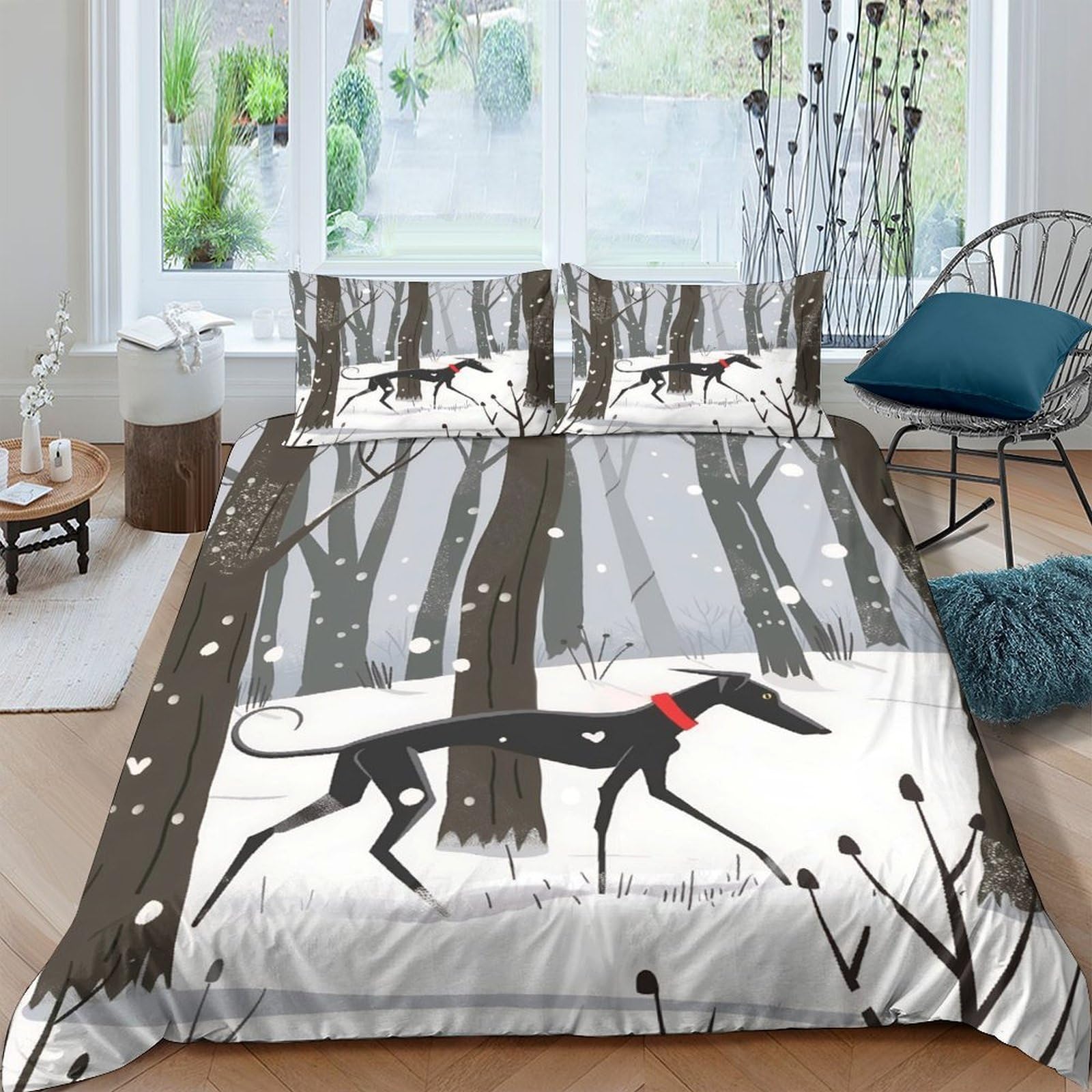 Ctjqhvkz Style-1 3D Printed Black Greyhound Forest Fitted Sheet Microfiber Soft Mattress Cover Bedroom Decor Dustproof Single（135X200cm）