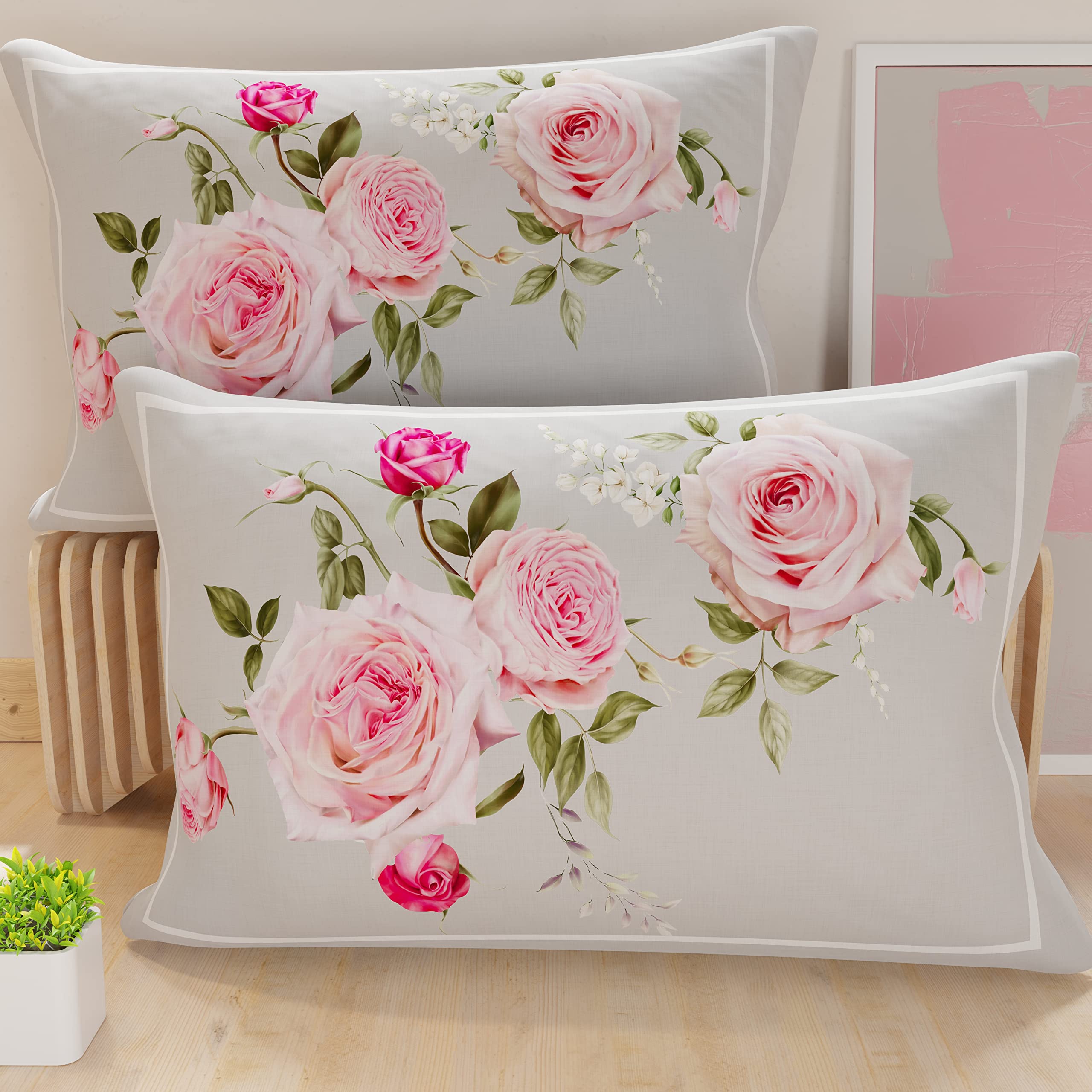 PETTI Artigiani Italiani - Coppia di Federe Cuscino 145x40 cm in Microfibra, Cuscini Arredo Camera da Letto, Divano, Salotto, Set 2 Fodere Copricuscino, Federa Floreale 20 Grigio, 100% Made in Italy