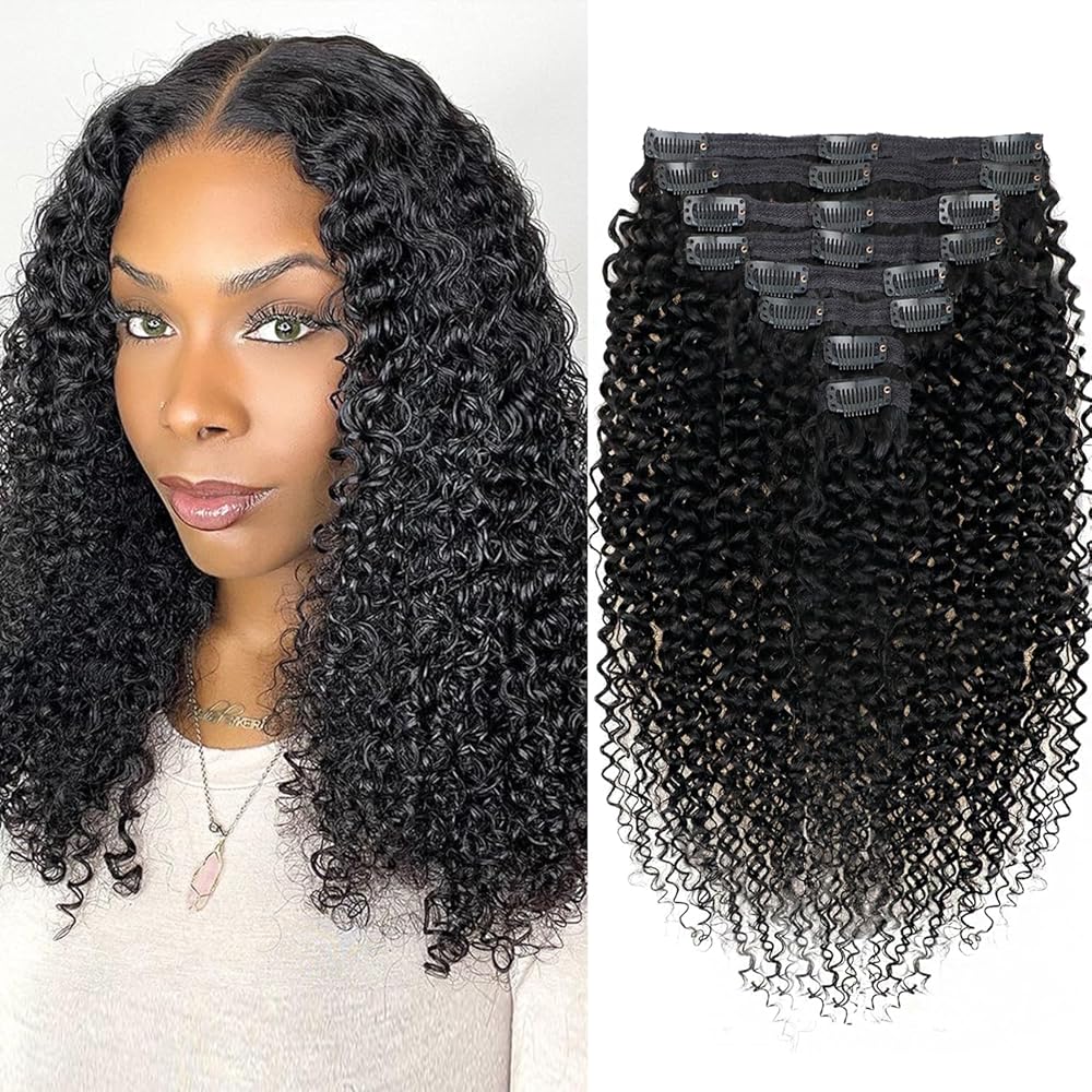 12 inch Kinky Curly Clip in Extension Human Hair Affordable 3C 4A Kinky Curly Clip Ins for Women Brazilian Remy Human Hair Natural Color 8 Pcs with 18 Clips 120g/Set