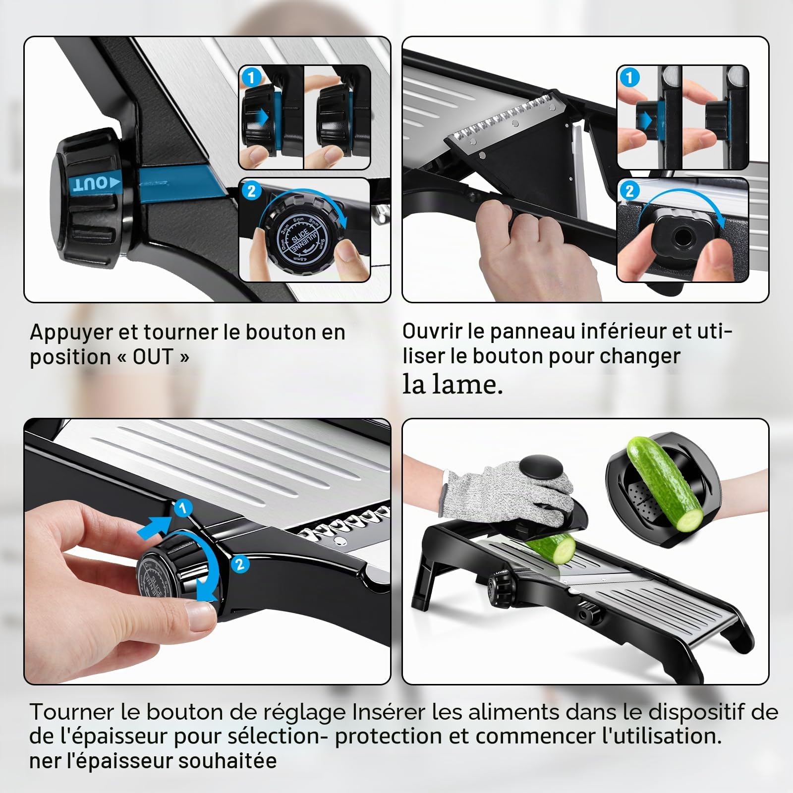 Masthome Mandoline Cuisine Professionnelle Inox, 10 modes de coupe | 10 en1 (tranches 3/6/9mm, julienne 4.5/9mm), 2 lames pivotantes, gants anti-coupure, protège-main et brosse.