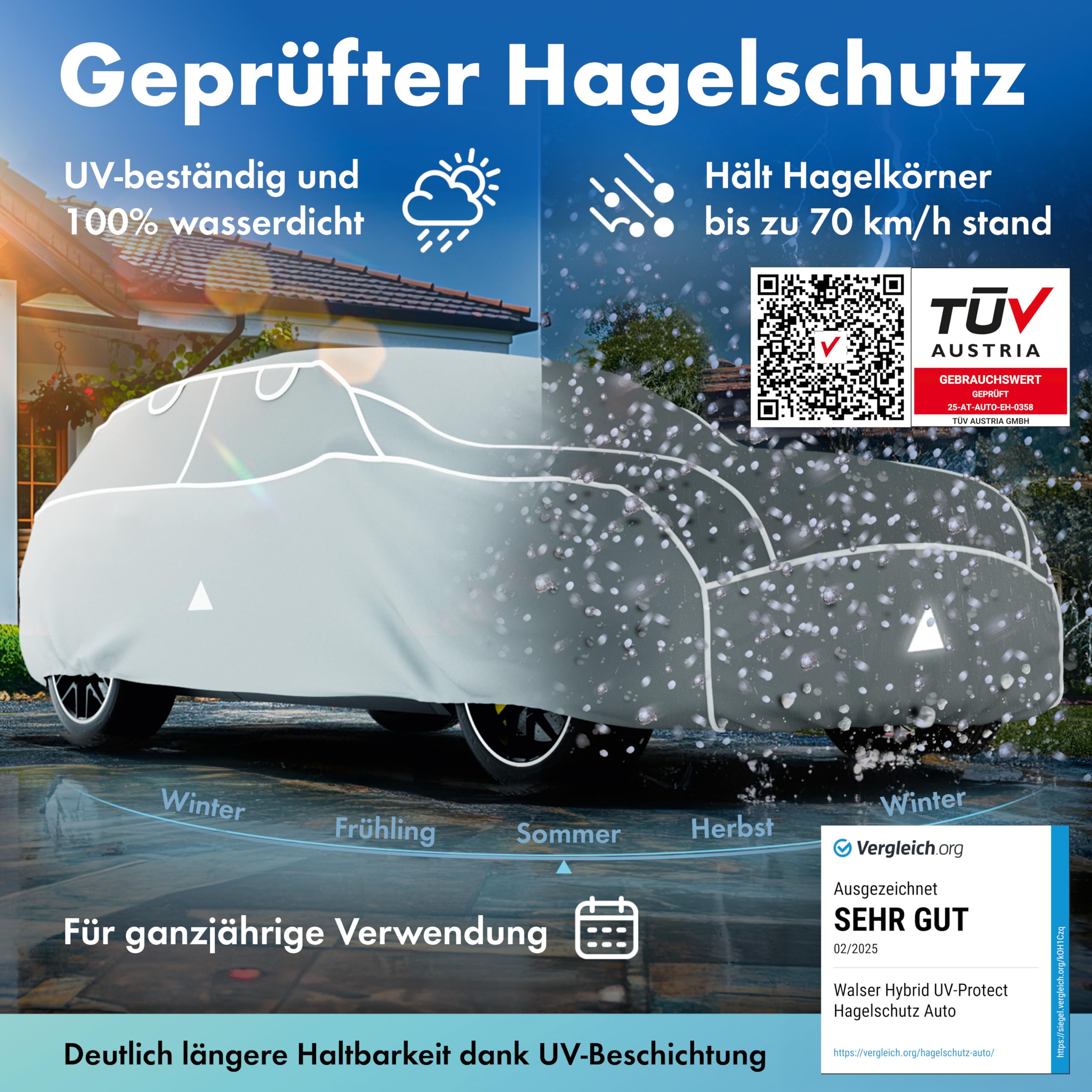 WALSER Premium Hagelschutz Abdeckplane Auto, Auszeichnung Sehr Gut* Hagelschutzplane, TÜV geprüfte* Autogarage Hagel, Hybrid UV Protect Vollgarage, Wasserabweisende Abdeckung Größe 8 SUV/Van