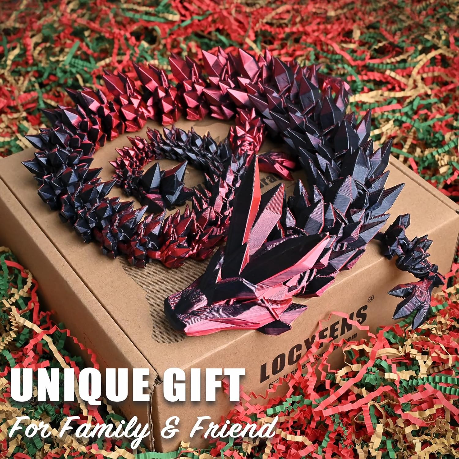 Large 30" 3D Printed Dragon, Articulated 3D Dragon Toys, Long Crystal Dragon, EasterBasket Stuffers for Kids and Teens, Unique Easter Gifts for Boys & Girls, Black Red