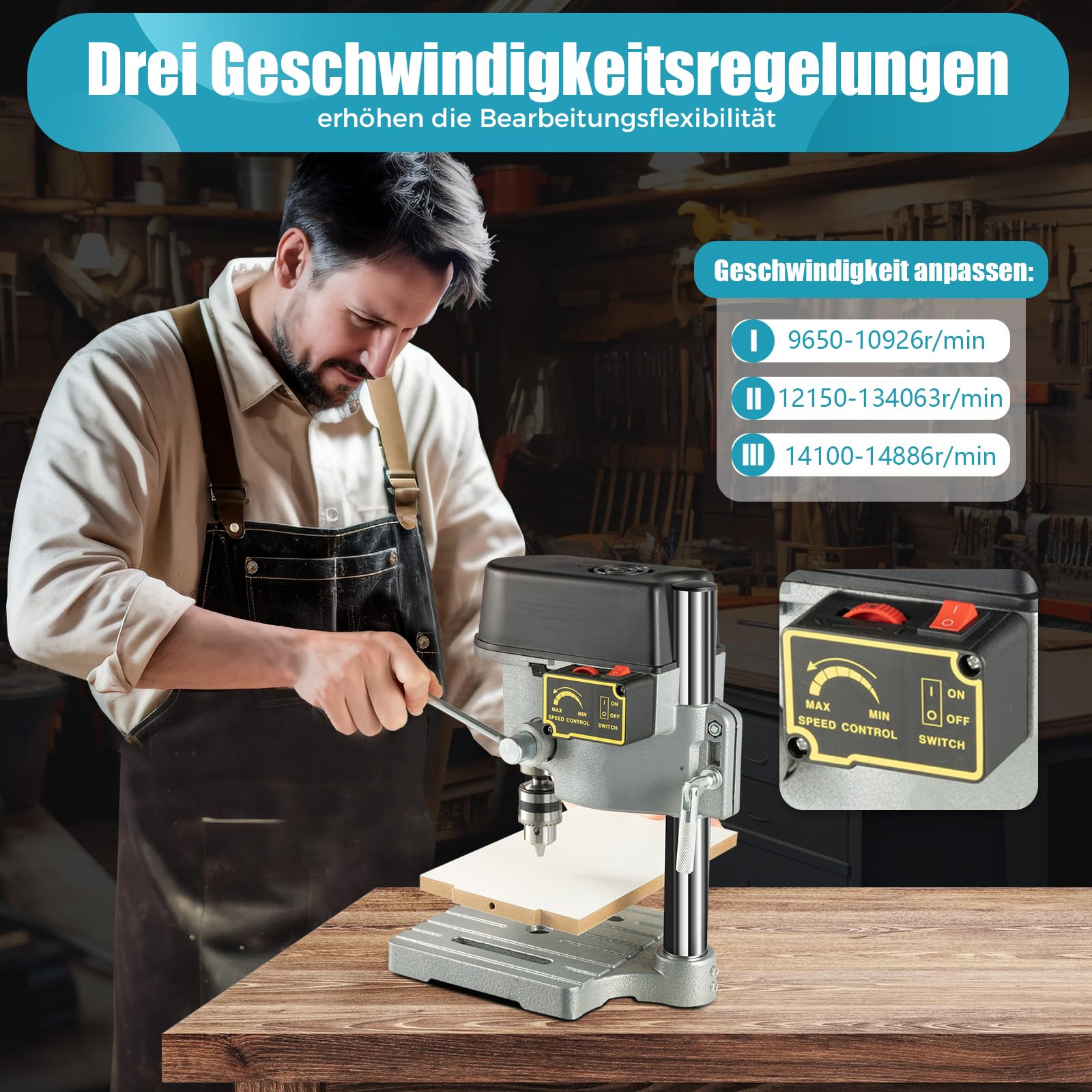 Tischbohrmaschine 340W, Standbohrmaschine, 3-Gang Geschwindigkeit (0-16000 U/min), Präzisionsbohrmaschine mit Gusseisenbasis für Holz, Kunststoff, Aluminium, DIY & Möbelmontage