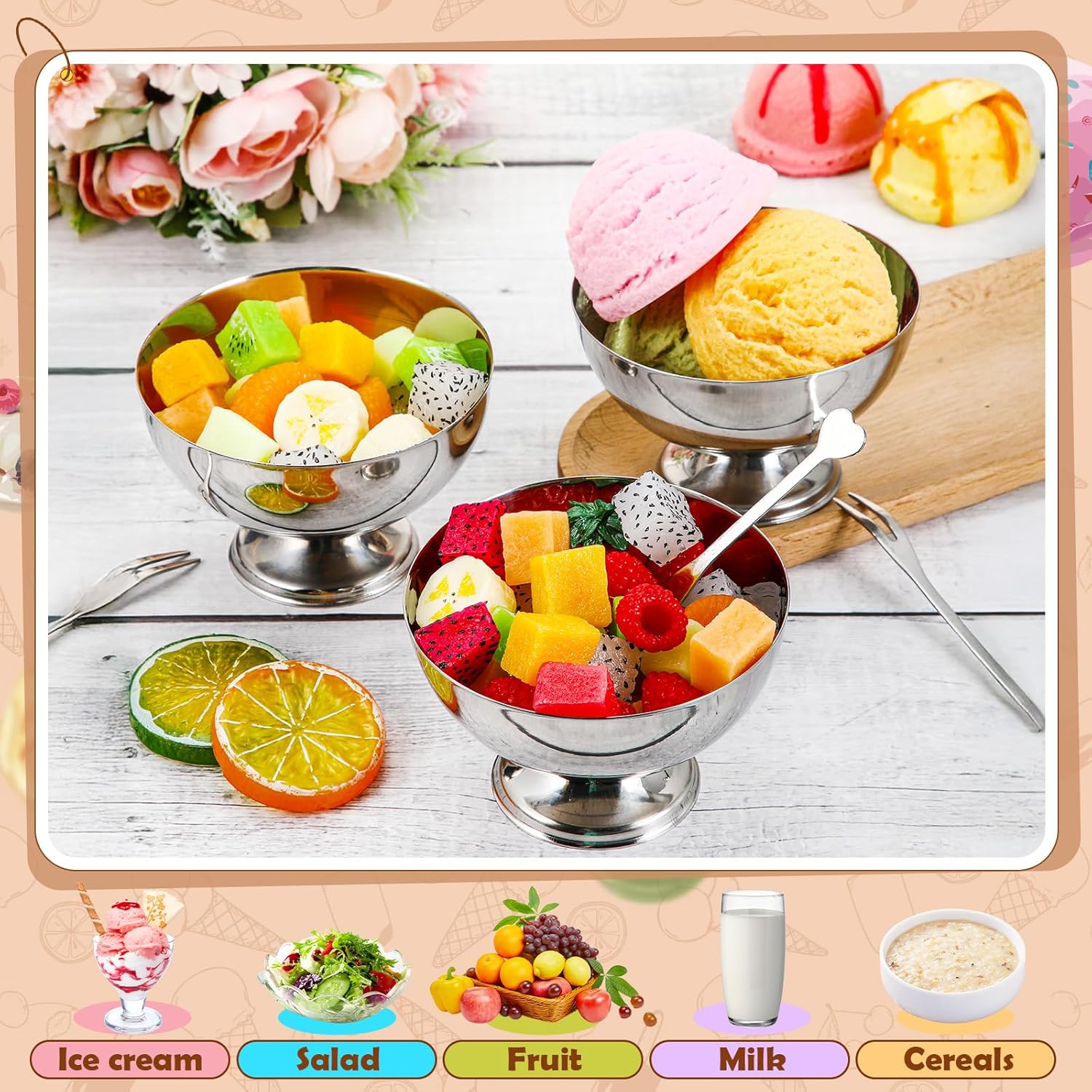 Honeydak 12 Set Stainless Steel Ice Cream Bowl with Forks Serving Dessert Cup Sauce Bowls Dish Metal Dessert Glasses Salad Holder Round Footed Yogurt Snack Candy Cups for Fruit Pudding(4.2 Inch)