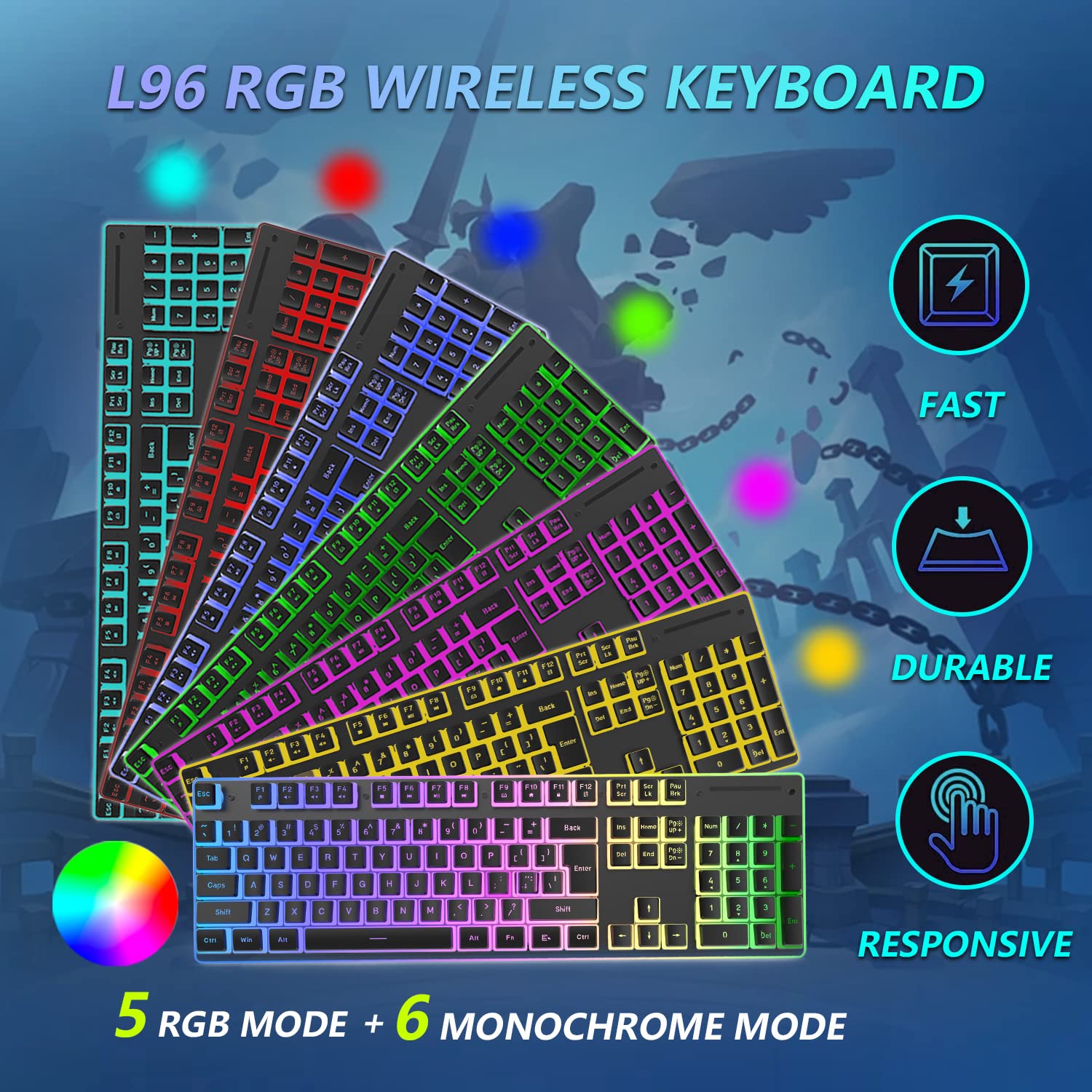 MAMBASNAKE L96 Kabellose Tastatur- Und Maus-Kombination Mechanisches Gefühl, Wiederaufladbare 3000mAh-RGB-Tastatur in Voller Größe Mit Pudding-Tastenkappen + Optische Mäuse Mit 4800 DPI, US Layout