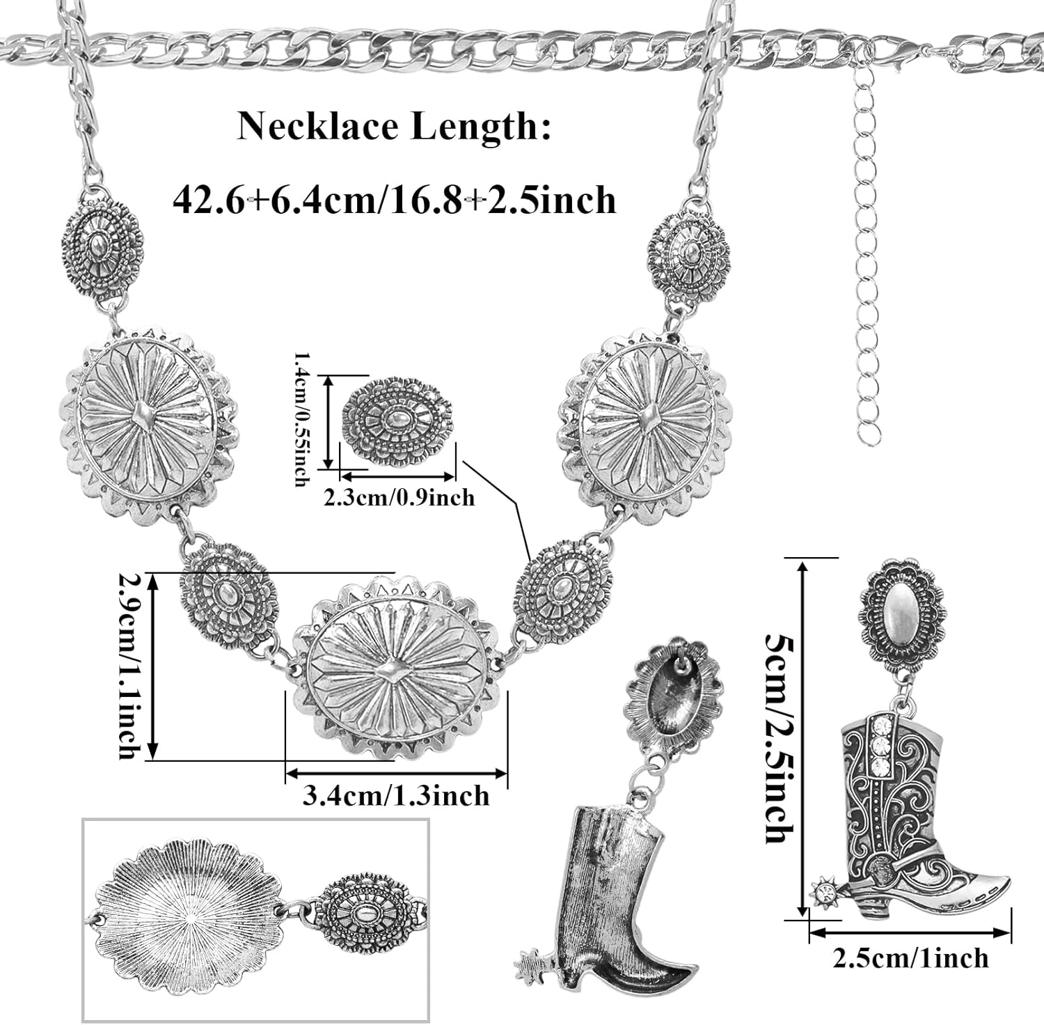 2 Pcs Concho Western Necklace Earrings Jewelry Set for Women Vintage Cowgirl Dangle Earrings Boho Choker Necklaces Western Country Concert Outfits for Women Concho Jewelry Gift - Image 5