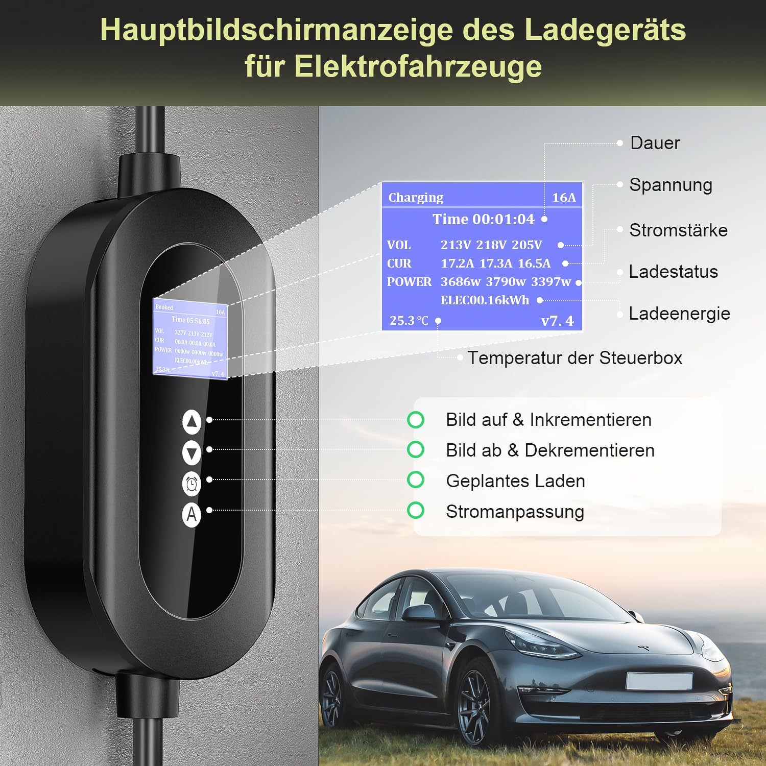 Mobile Wallbox 11 kW mit CEE 16A Stecker (3-phasig), 6 m Typ-2-Ladekabel, 8–16 A einstellbar, Mobile Ladestation mit Stromzähler & 0–24 h Timer, für BEV & PHEV, Schwarz