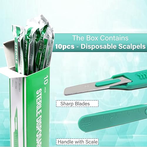 Miniatura 2 de Cuchillas desechables para bisturí #16 hechas de acero inoxidable templado, caja de 10 cuchillos estériles para bisturí con mango de plástico,