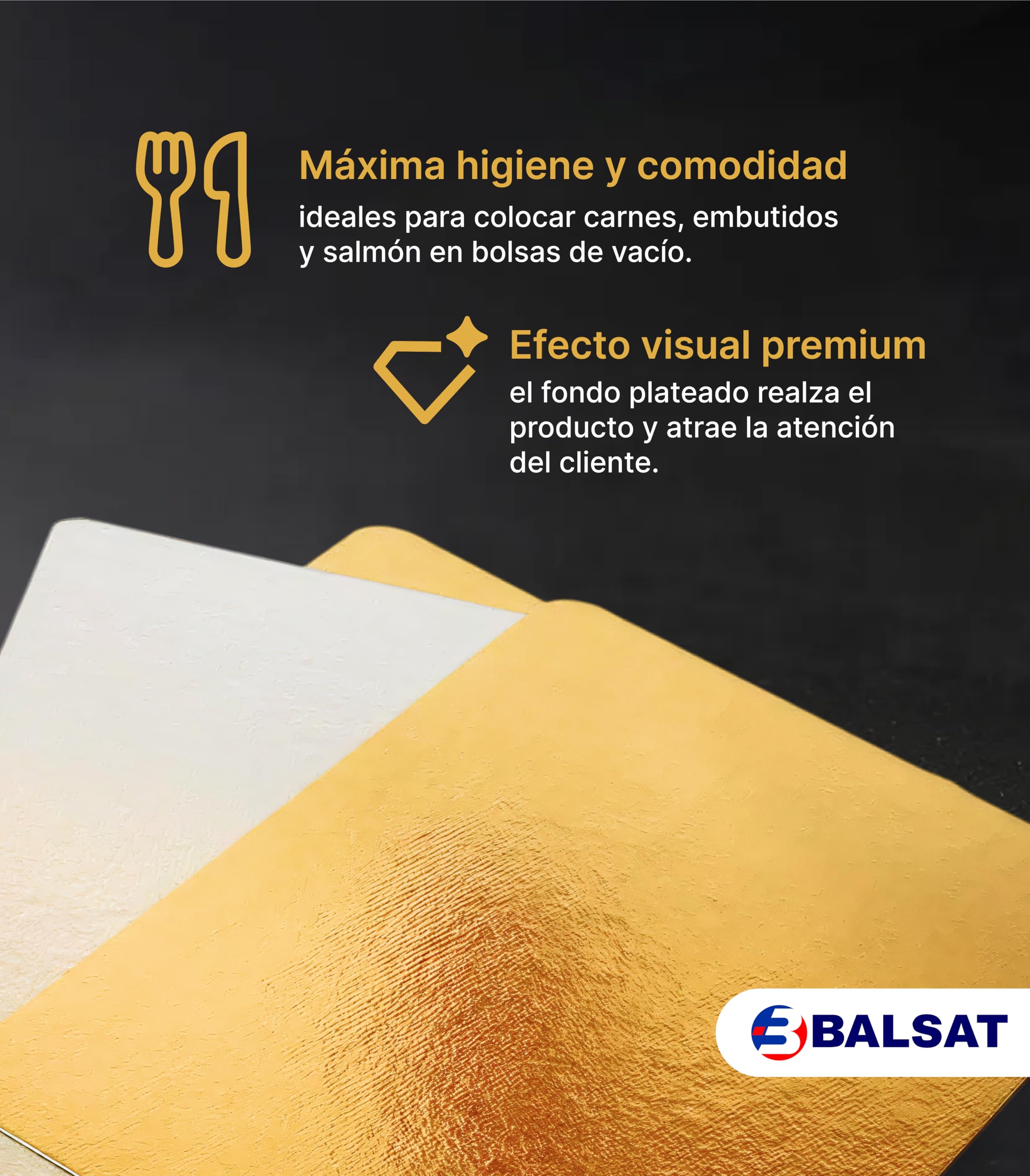 BALSAT Paletinas Cartón Reversibles Plata/Oro 15x21, 20x21 y 25x21 cm – Presentación de Embutidos, Salmón y Alimentos – Rígidas para Bolsa Alimentaria y Envasado al Vacío – Pack 100 Unidades (15x21) - 4