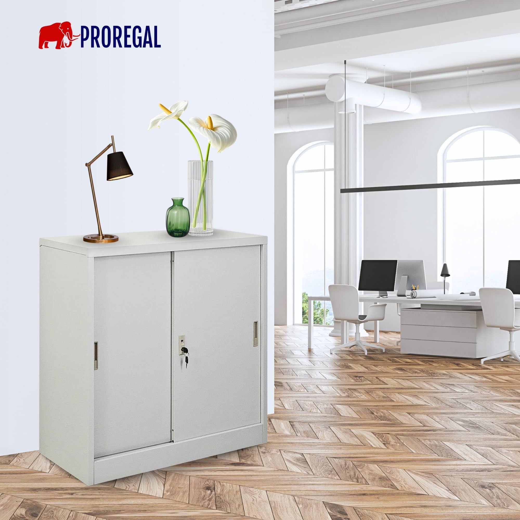 PROREGAL Aktenschrank Elephant mit abschließbaren Schiebetüren | HxBxT 90x90x40cm | 2 Fachböden | Lichtgrau | Metallschrank abschließbar Lagerschrank Ordnerschrank Büroschrank