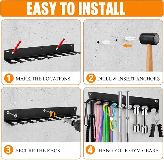 Tebery 9 Hook Home Gym Storage Rack Wall Mount, Fitness Equipment Organizer, Metal Gym Accessory Hanger for Exercise Bands, Jump Ropes, Barbells, Lifting Belts