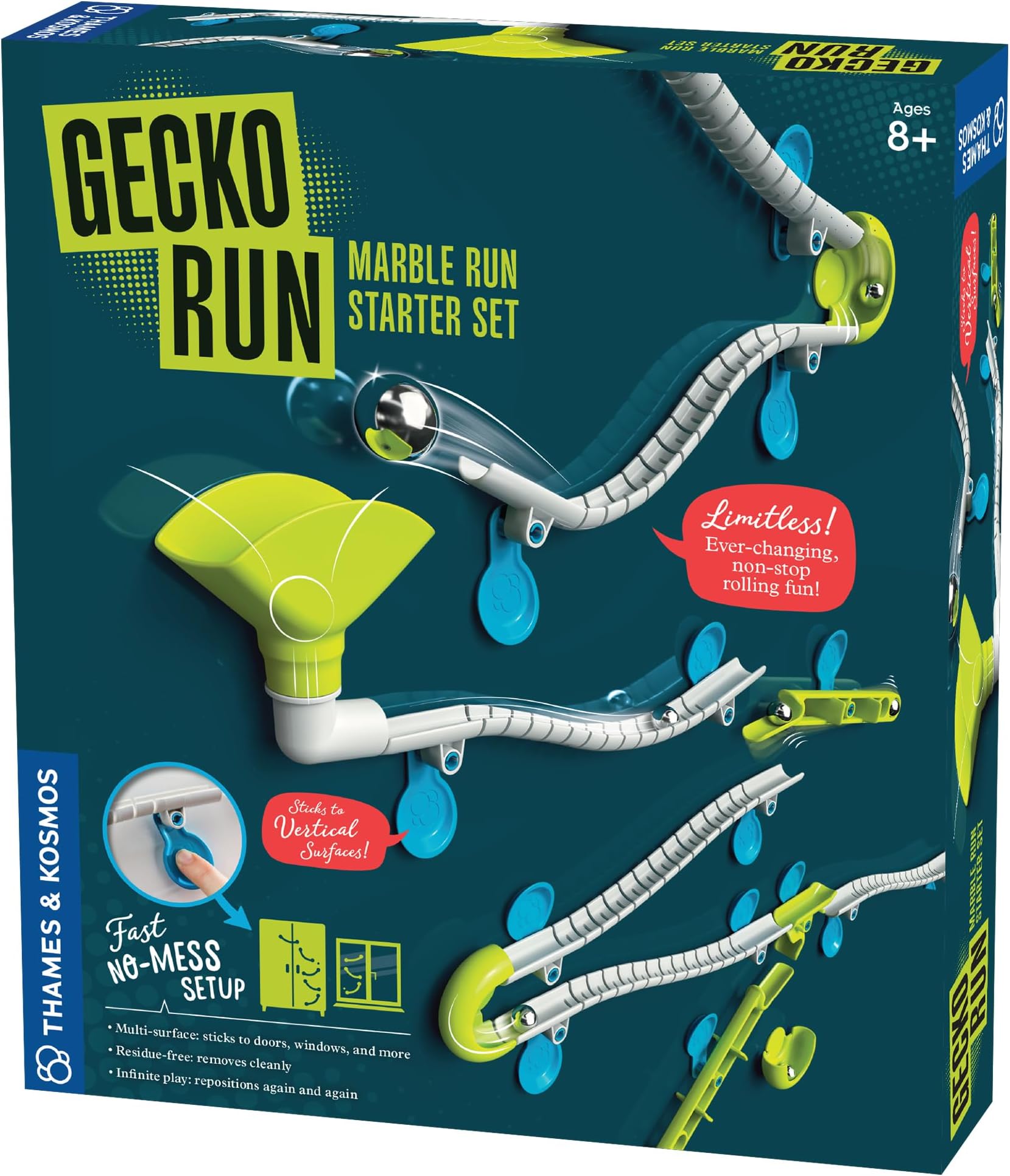 Thames & Kosmos Gecko Run Marble Run Starter Set - 63-Piece Vertical Marble Track Toy with Flexible Rails | Quick, Clean Setup with Residue-Free Nano Adhesive Pads for