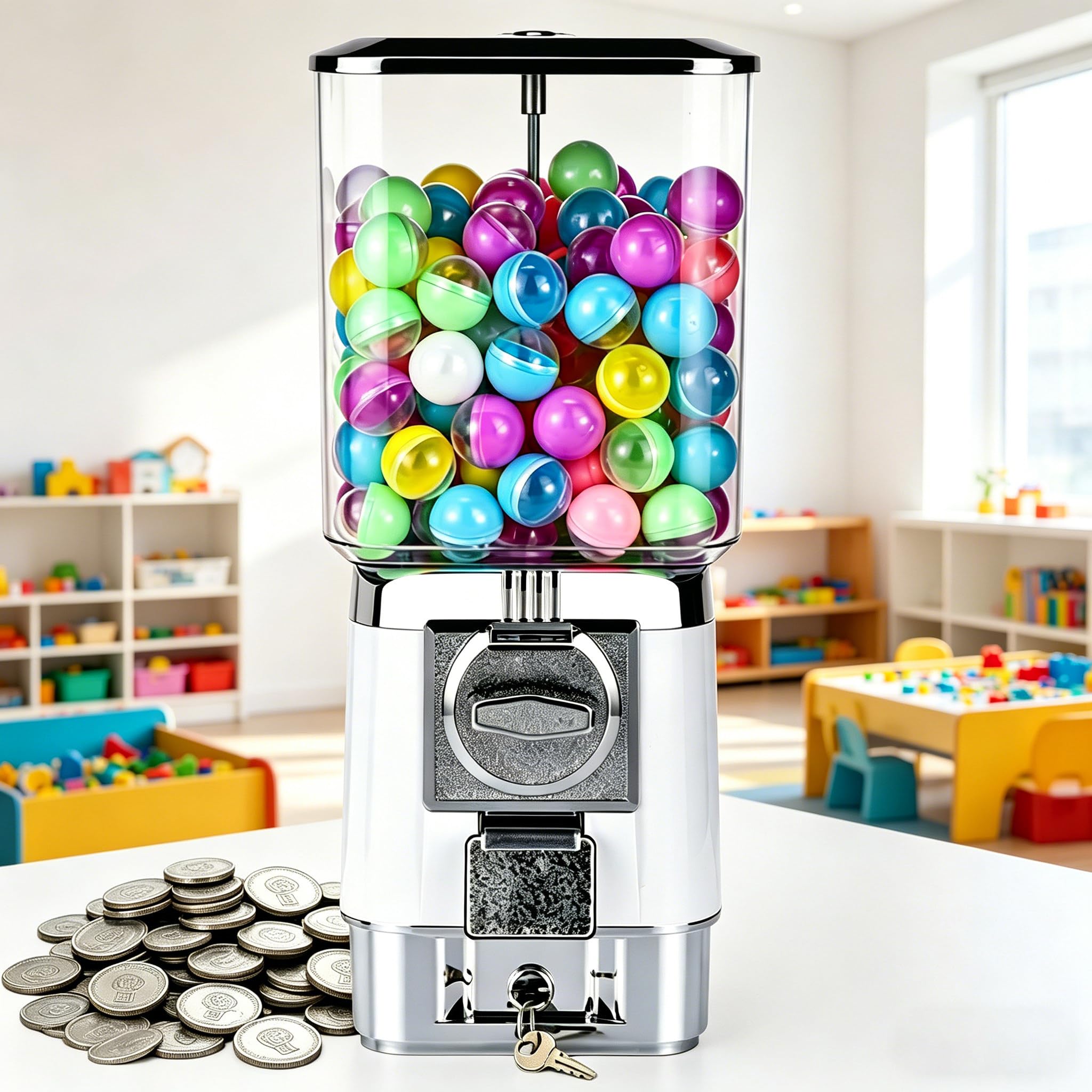 Sushangmao Gumball Machine,Candy Vending Machines, PS Bouncy Balls Dispenser, Holds 220 Pieces Of 32mm/1.26in Gacha Balls, Coin Operated Gumball Bank for Home or Game Stores white