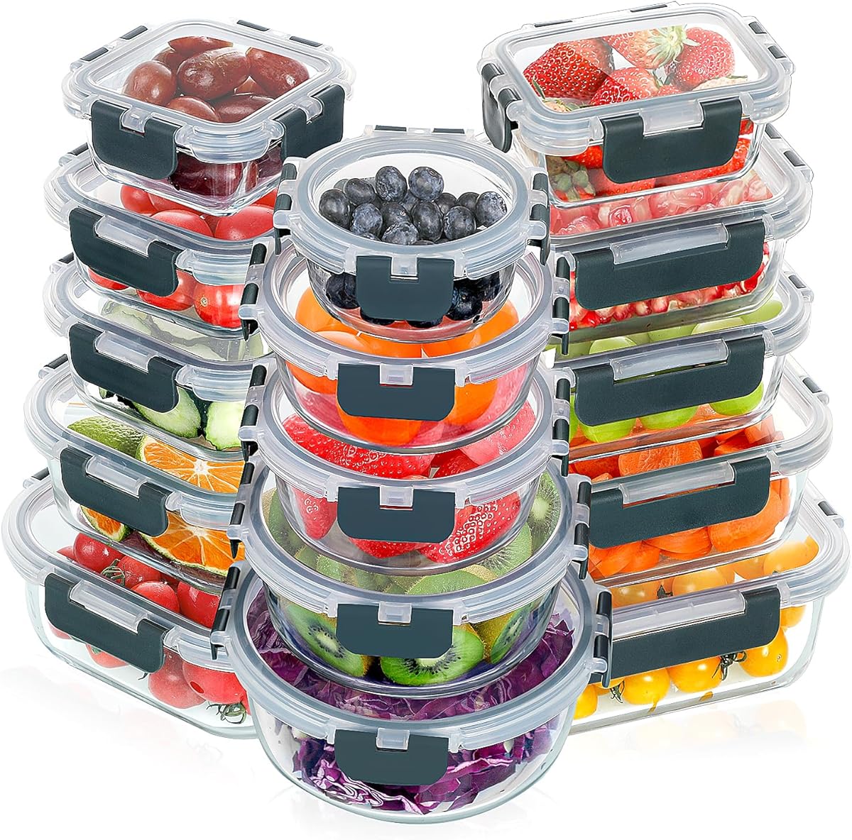VERONES 30 Pieces Glass Meal Prep Containers Set, Stackable Glass Food Storage Containers with Lids-Airtight Lunch Containers，for Microwave, Oven, Freezer & Dishwasher,Grey
