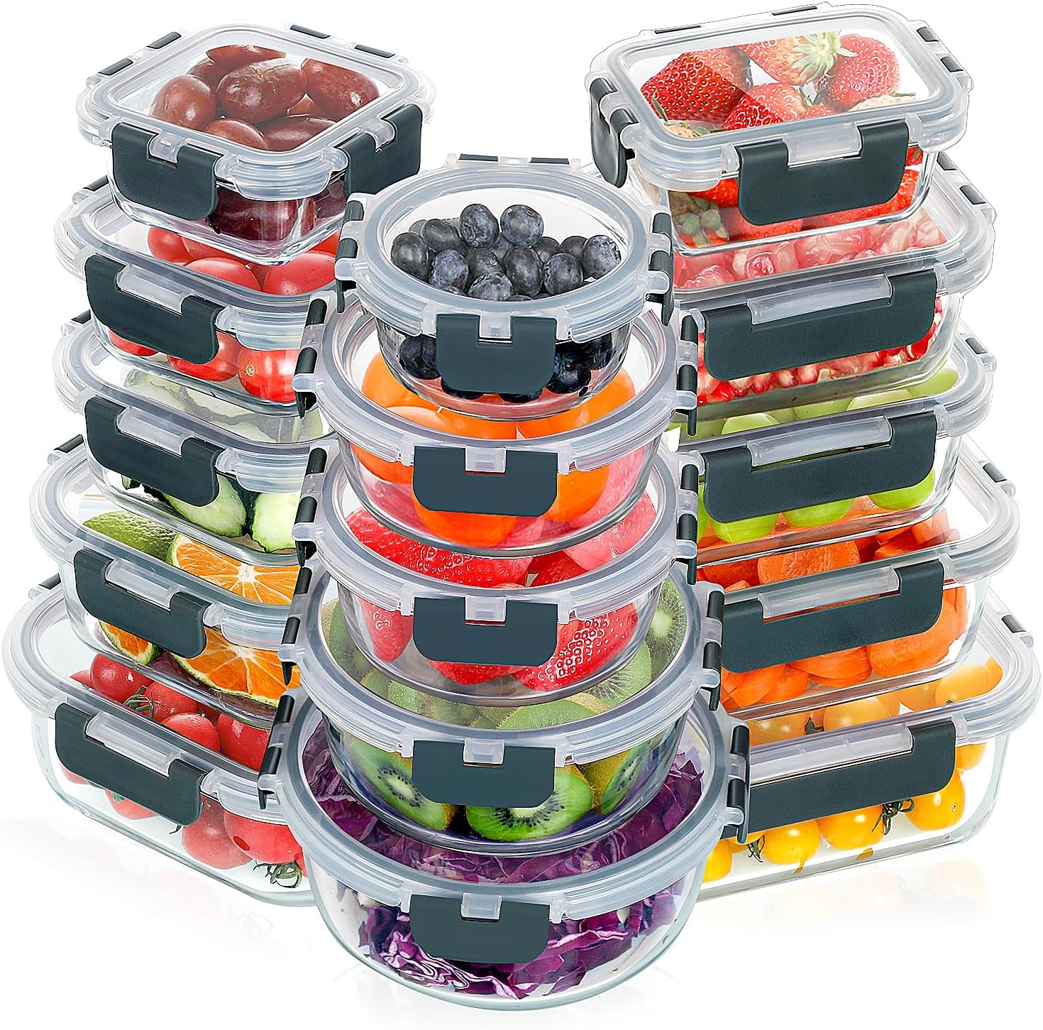 VERONES 30 Pieces Glass Meal Prep Containers Set, Stackable Glass Food Storage Containers with Lids-Airtight Lunch Containers，for Microwave, Oven, Freezer & Dishwasher,Grey