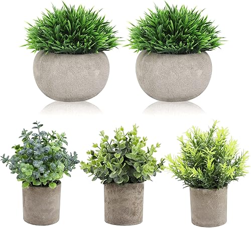 THE BLOOM TIMES Juego de 5 plantas artificiales pequeñas en macetas, plantas artificiales de plástico en macetas para decoración rústica de hogar,