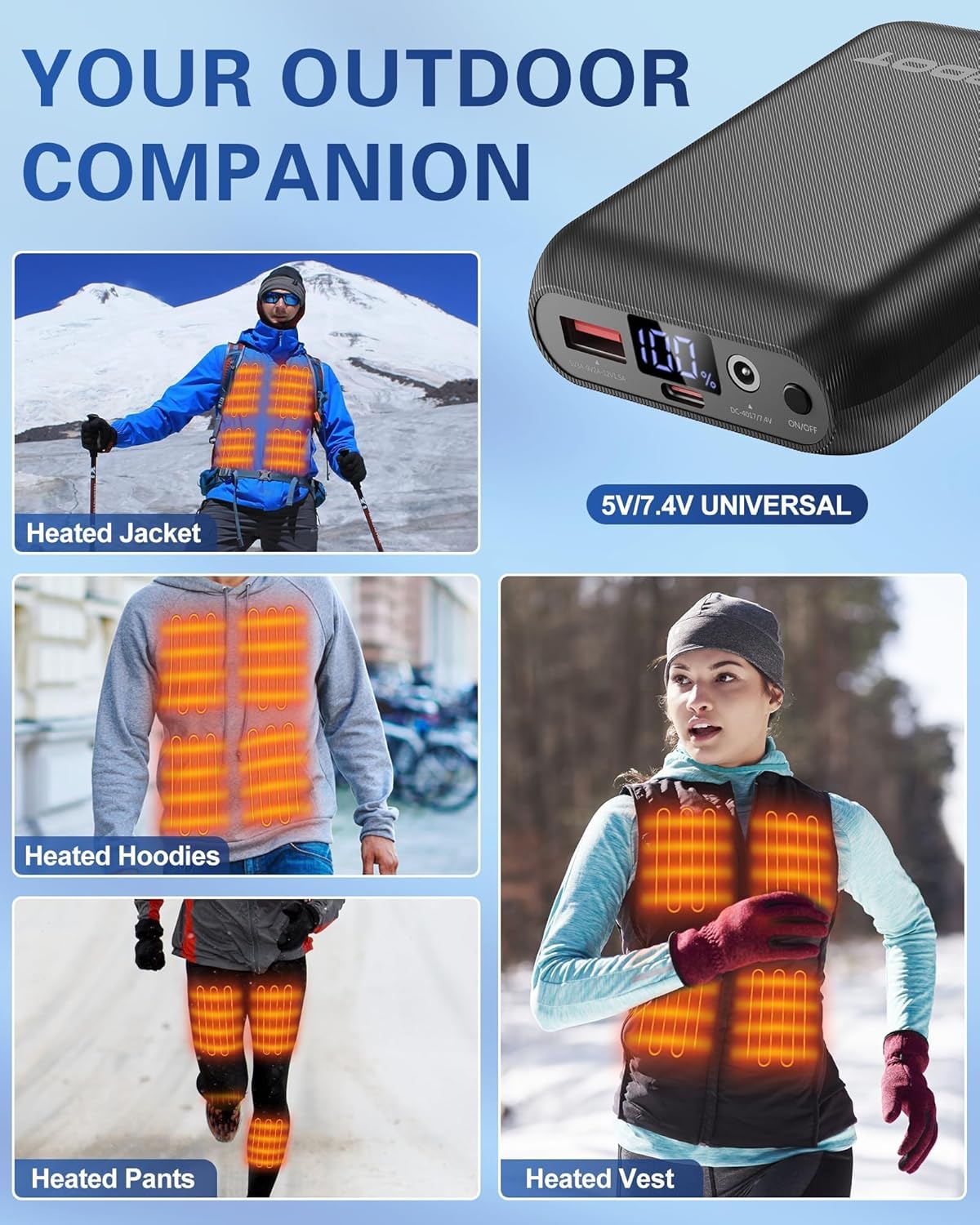 7.4V/5V 2A 16000mAh Heated Vest Battery Pack Compatible with ORORO and Venustas, NORSENN, Portable Power Bank with LED Display for 𝟓𝐕 USB heated Vests Jacket Camping Chair Blanket(NOT for 12V） - Image 7