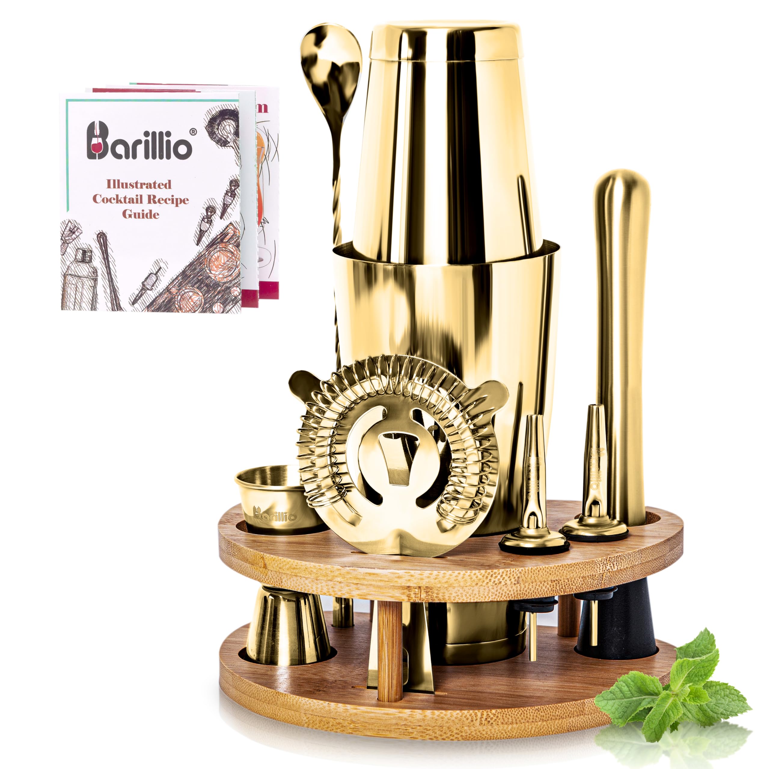 Barillio Gold Mixology Bartender Kit with Stand - Cocktail Shaker Set with Bamboo Stand, Boston Drink Shaker, Mojito Muddler, and Drink Mixer Spoon - 9-Piece Bar Tools Set - Bar Accessories for Home