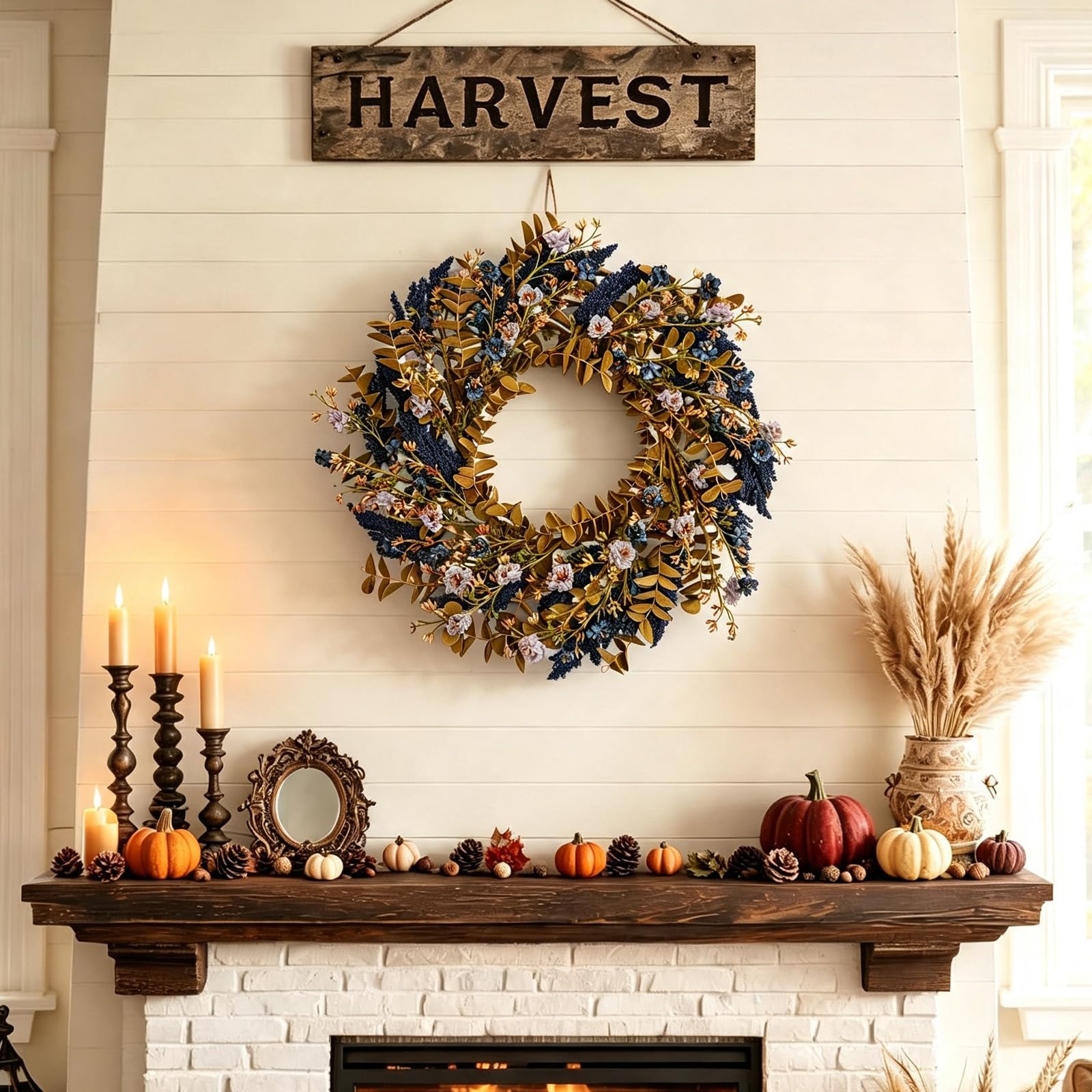 Couronne d'automne de 55,9 cm pour porte d'entrée avec buis et | Couronne de fleurs d'automne avec feuilles de buis douces au toucher pour intérieur et extérieur, couronne de fleurs sauvages