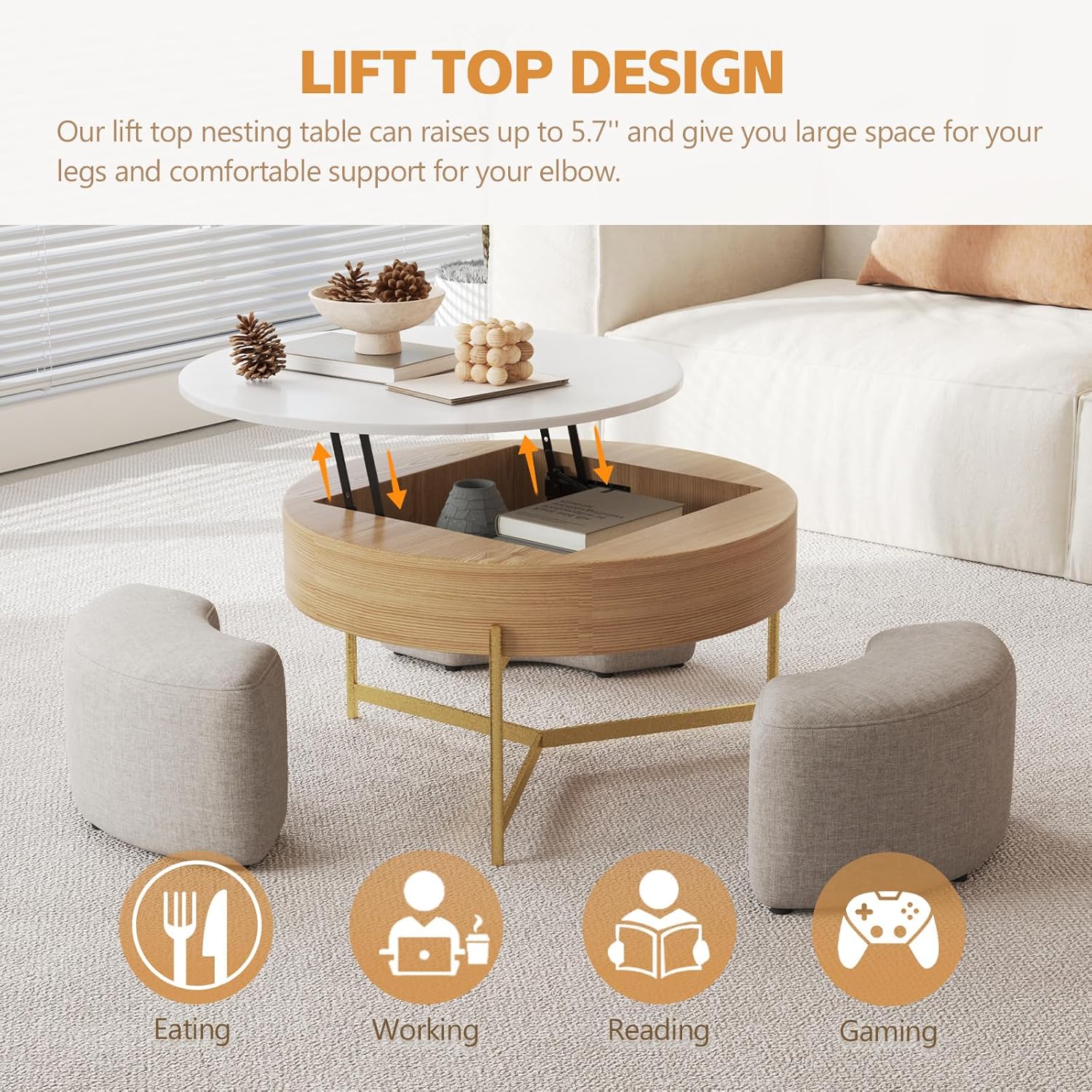 3 in 1 Lift Top Nesting Coffee Table with Storage,31.5" Round Marble Nesting Coffee Table with Linen Ottoman,Center Table Set for Living Room/Apartment/Small Place