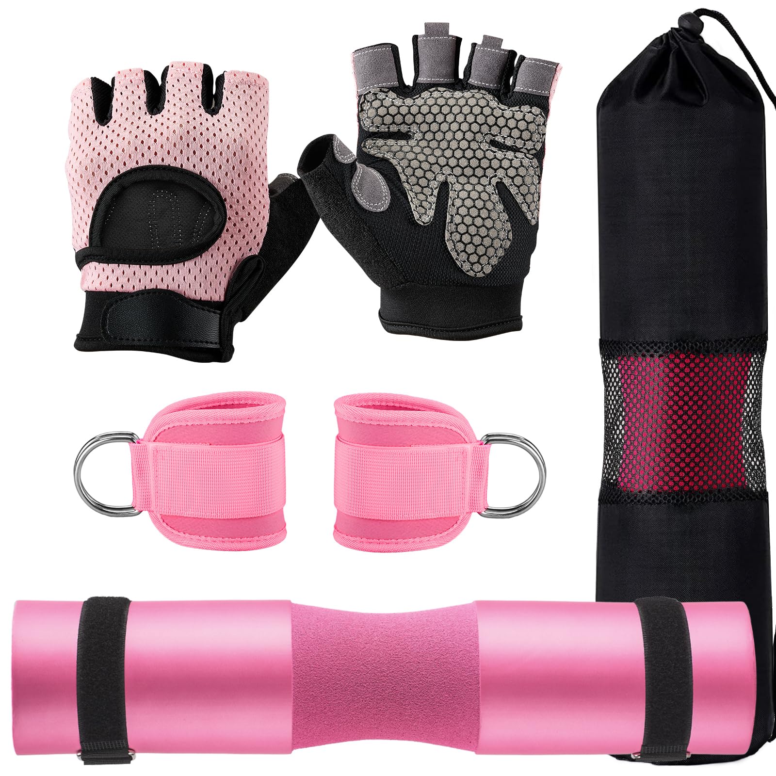 Gym Barbell Pad Set for Squat,Hip Thrusts, Lunges, Leg Day, Standard Olympic Bar Pad with 2 Gym Ankle Safety Straps, 2 Workout Gloves, Barbell Pads, Gym Accessories for Women with Carry Bag