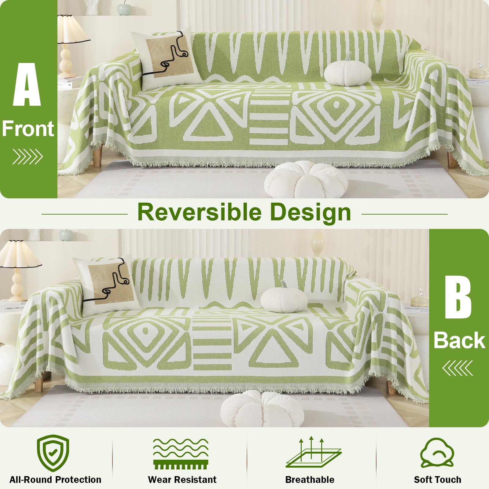 OstepDecor Boho Sofa Cover 3 Seater, Chenille Couch Cover for Corner Sofa Washable Sofa Slipcover - Image 2