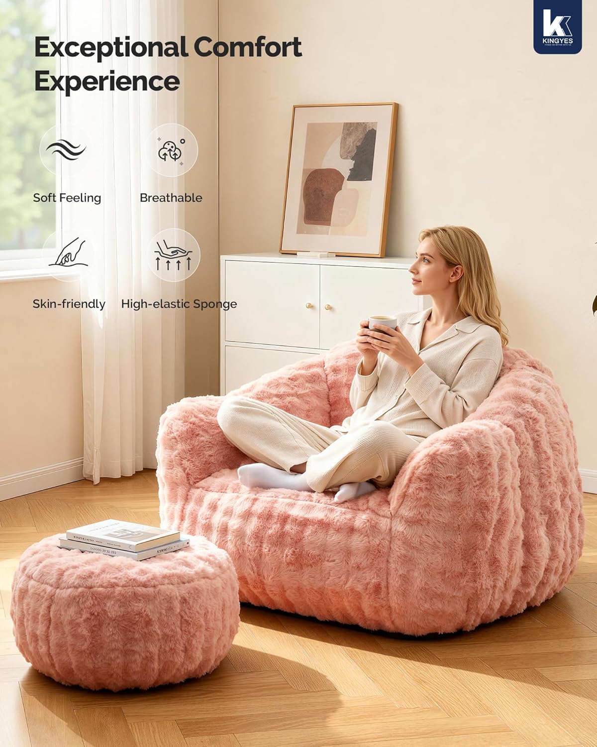 KINGYES Bean Bag Chair, Giant Bean Bag Couch with Memory Foam Filled, Gaming Beanbag Chair for Adults, Bean Bag for Kids & Teen, Pink - Image 8