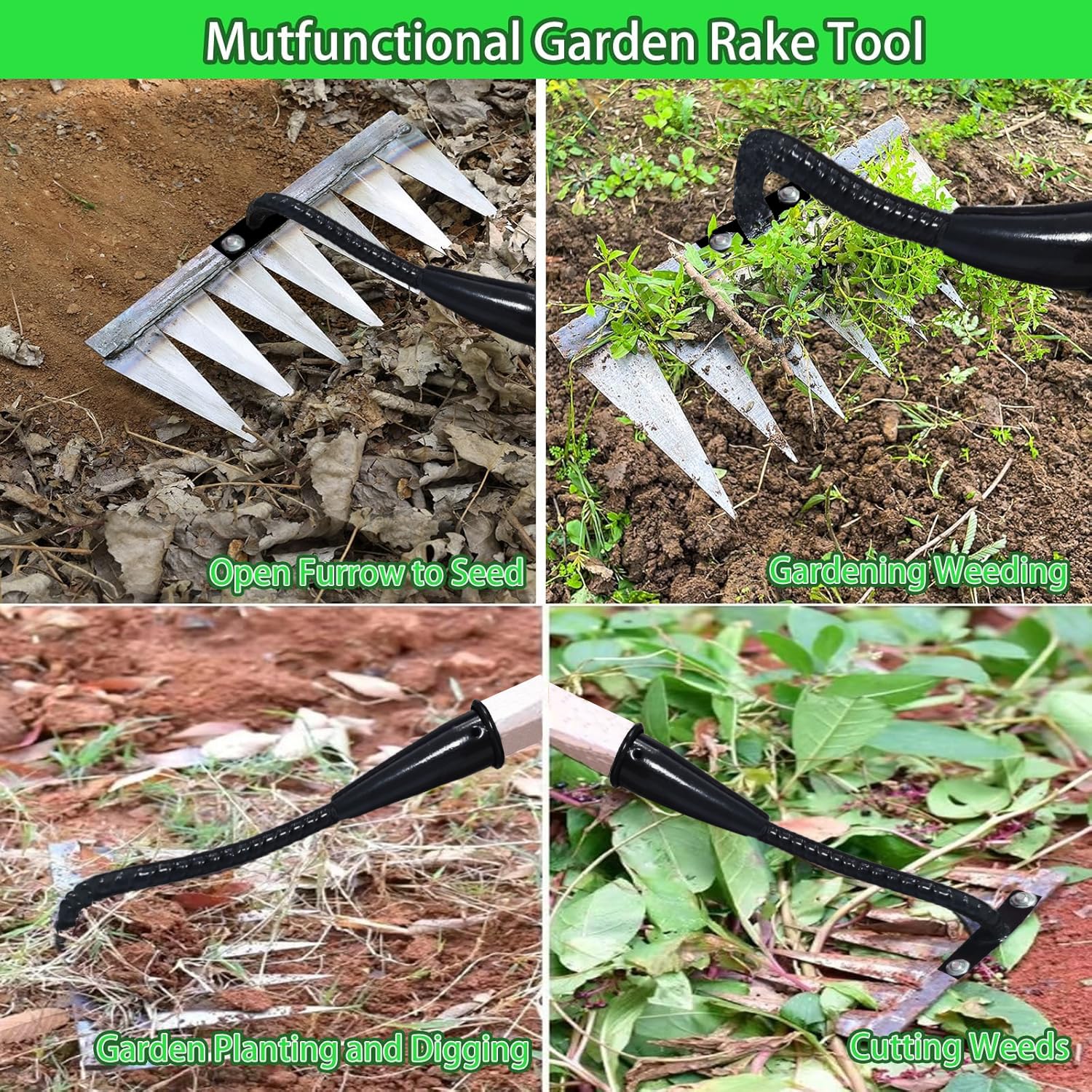 2 rastrillos de hierro para desmalezar, rastrillo de metal de jardín resistente con 7 dientes, herramientas de rastrillo de deshierbe de jardín, herramienta afilada de rastrillo de hierbas,