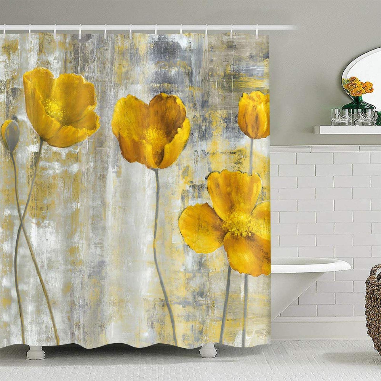 Cortina de Ducha de Flores Amarillas para baño, Tela de poliéster Floral Gris, casa de Campo, decoración de Verano rústica Bohemia, Gancho para Cortinas de Ducha de 150x180cm