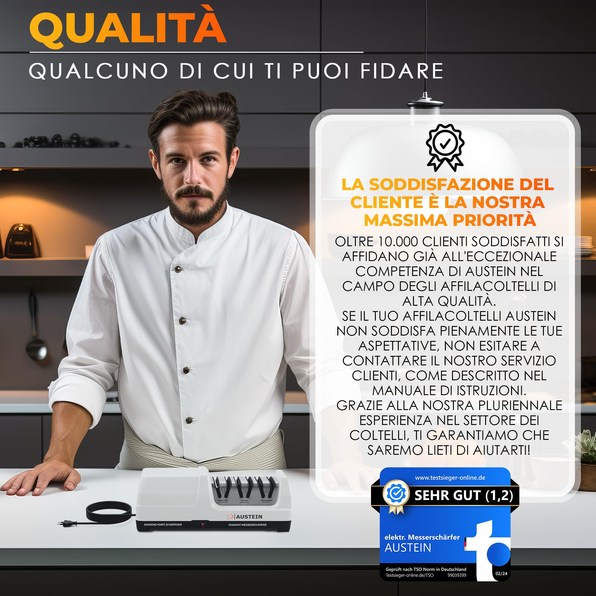 AUSTEIN Affilacoltelli elettrico Professionale al diamante TG2202 - con 3 Fasi Versatili, Mole diamantate Monocristalline, Affilatura Rapida, Motore Ultra Silenzioso, Protezione dal Surriscaldamento