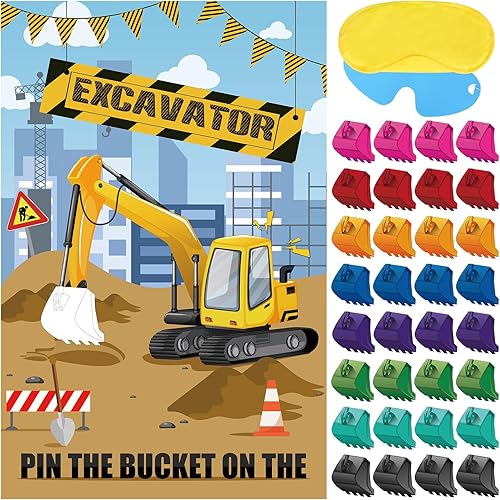 Pin The Bucket on The Excavator - Juegos de fiesta de construcción, recuerdos de fiesta de cumpleaños para niños, juegos de camiones para niños,