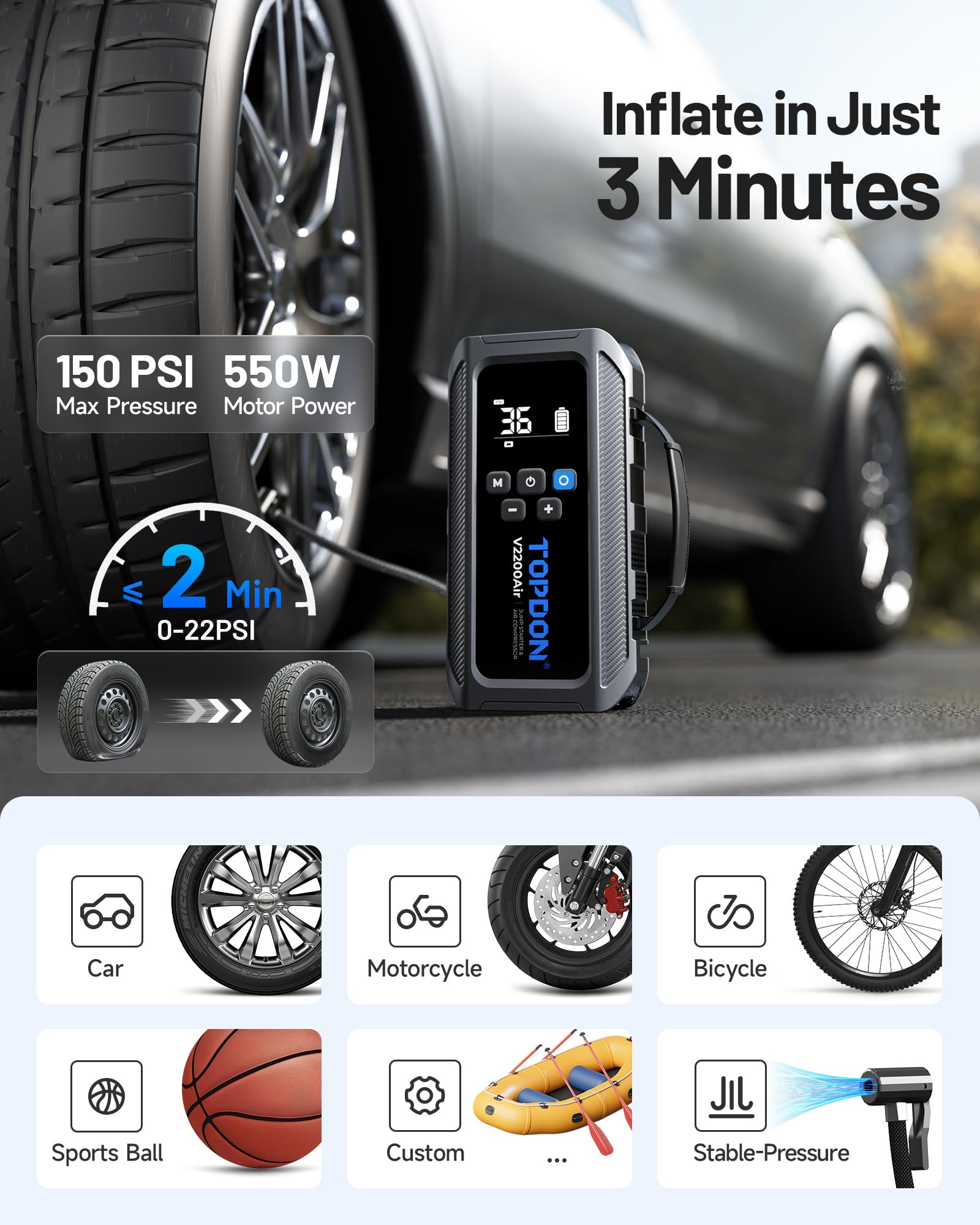 TOPDON V2200Air Power Bank di avviamento per auto con compressore d'aria da 150 PSI, motore diesel da 8 l e benzina da 6 l, avviatore automatico (avvio immediato in 2 secondi), compressore pneumatico