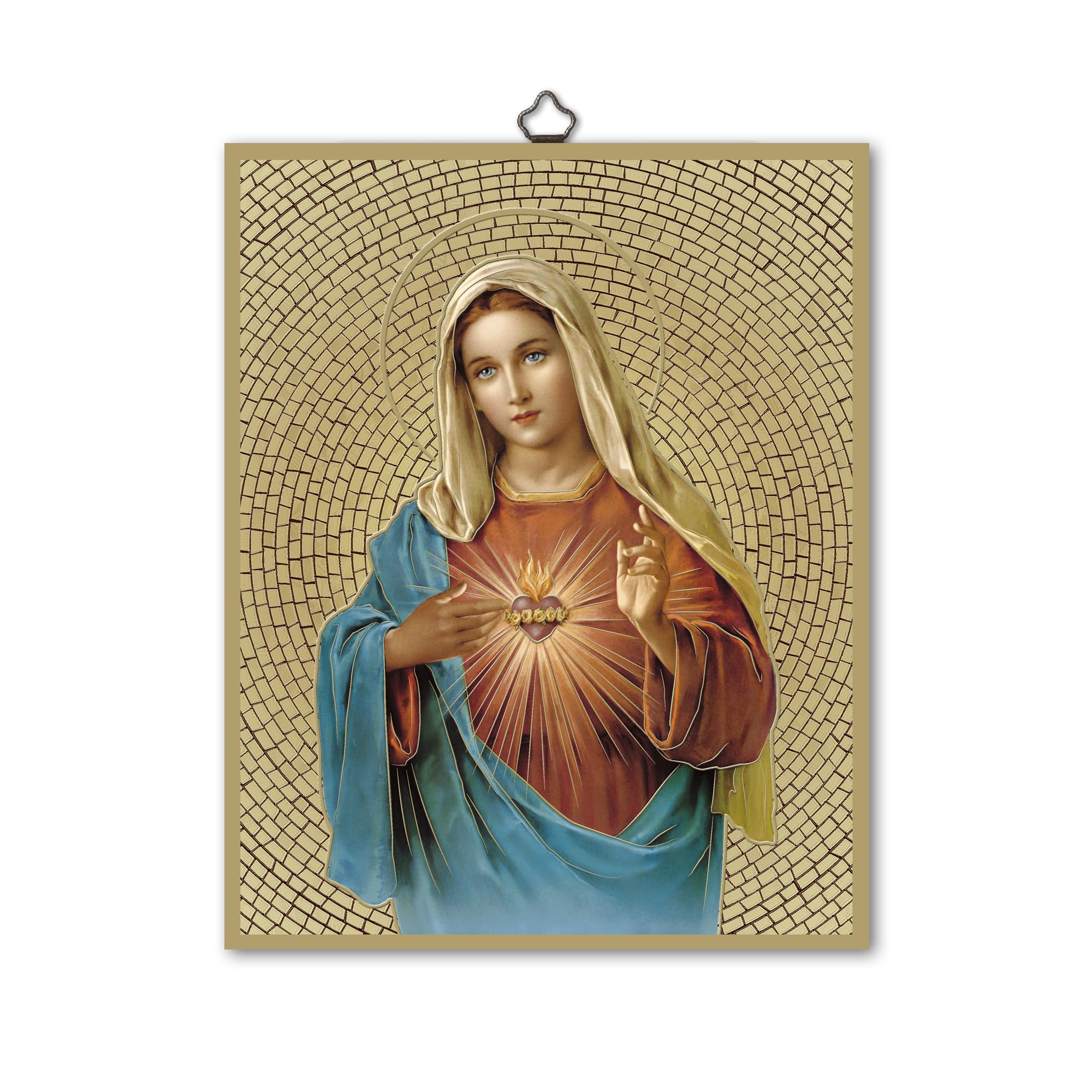 Frères Bonella | Tableau sacré représentant le Cœur Immaculé de Marie sur bois MDF de peuplier 8 mm avec mosaïque en feuille d'or | Made in Italy