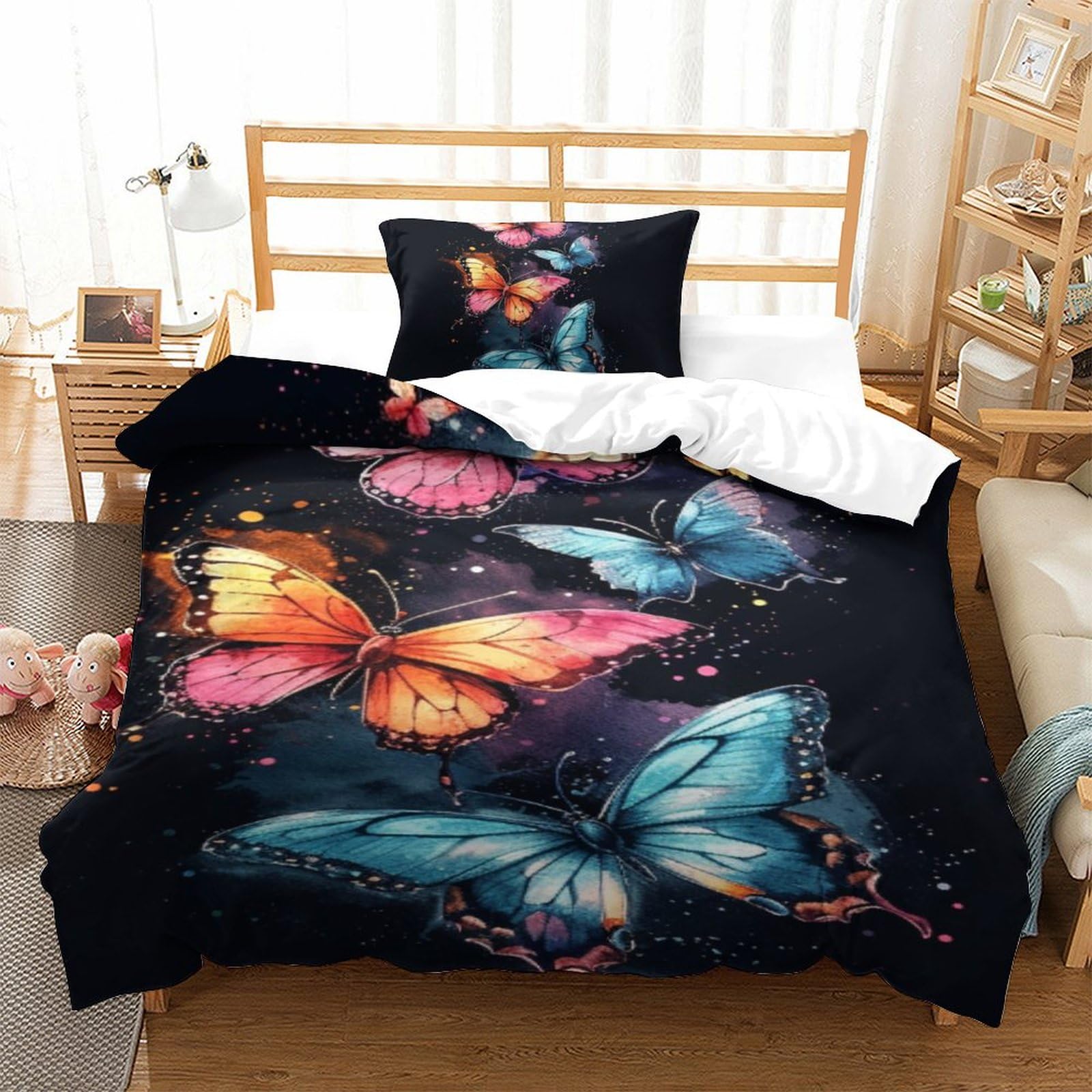 GXYUAOIEF Butterfly 3D Printed Duvet Cover Set 2 Pieces Bedroom Bed Bedding Set Soft Easy Care with Zipper Closure，Pillowcases for Teens And Adults Single（135x200cm）