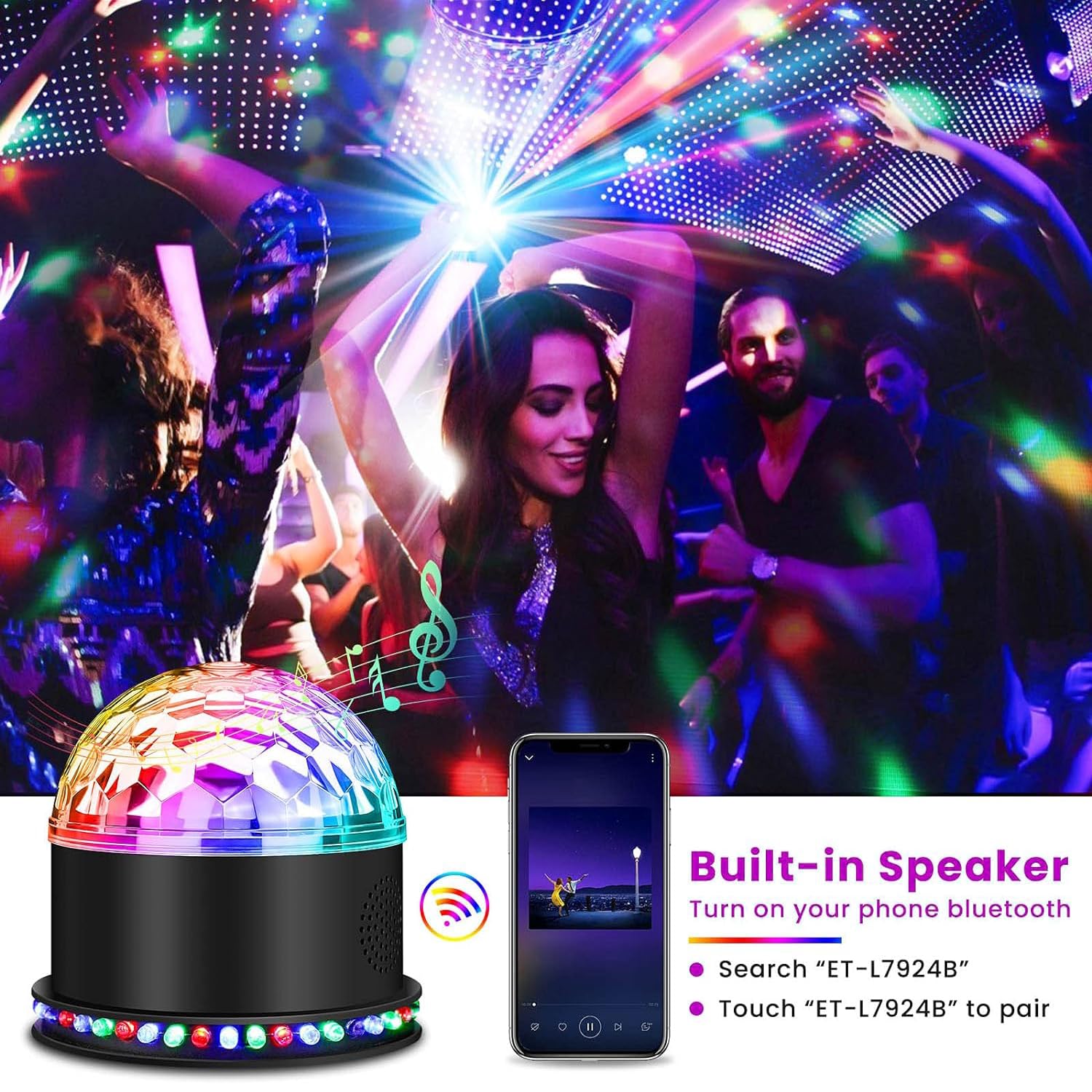 Luci Discoteca, BLITZWILL LED RGB palla da discoteca Luci per feste lettore musicale bluetooth, lampada da festa discoteca musica controllata con telecomando, spina UE per casa Natale KTV