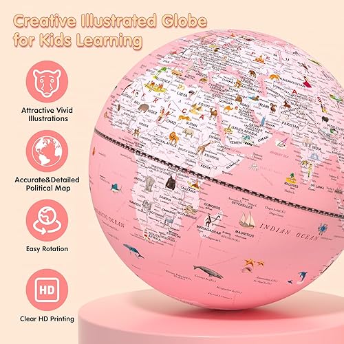 Miniatura 32 de Globo iluminado de 8 pulgadas con animales y puntos de referencia, globo mundial educativo para niños Mapa político de la Tierra, globos
