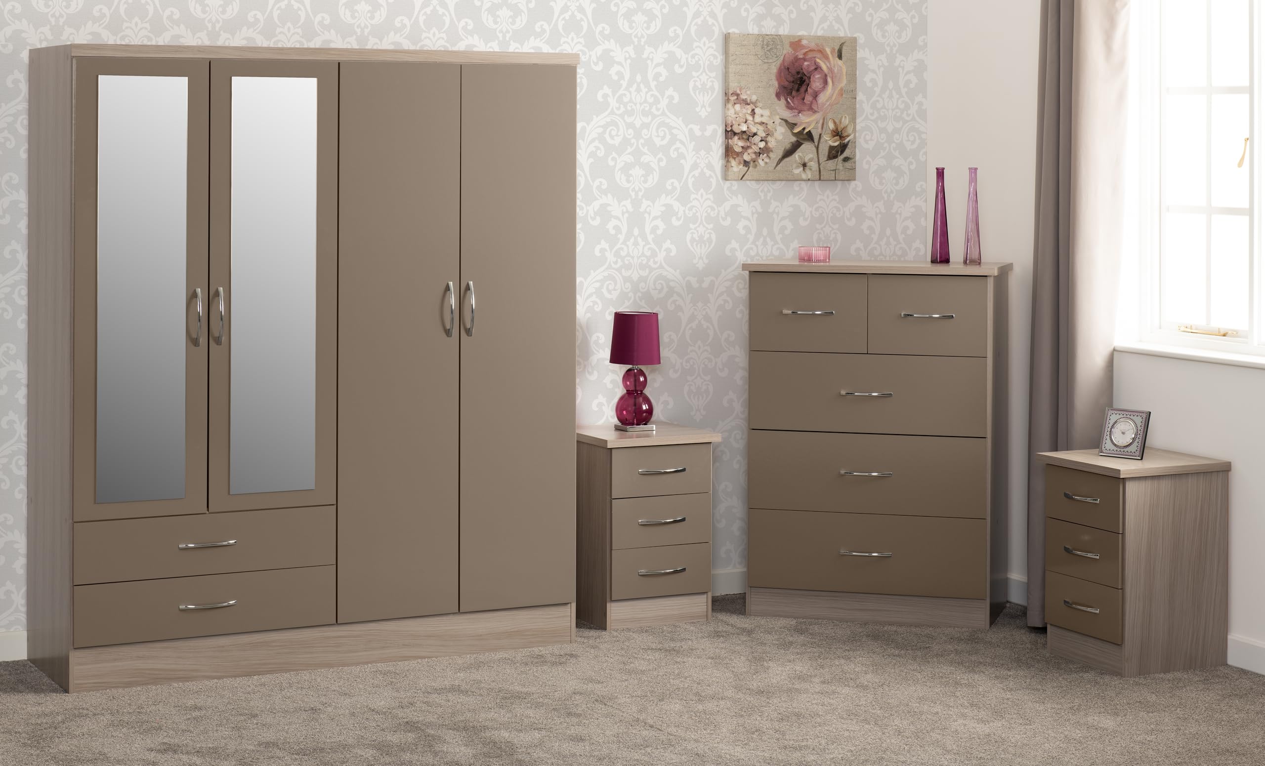 Seconique Nevada 4 Door 2 Drawer Wardrobe Bedroom Set - Brown - Oyster Gloss/Light Oak Effect Veneer