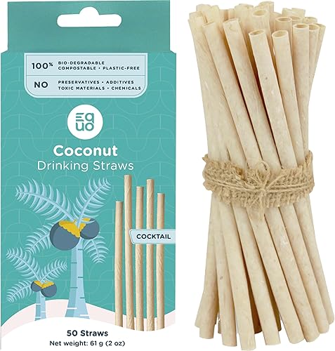 EQUO Pajitas de coco (paquete de 100, estándar), sin plástico, compostables en el hogar, pajitas ecológicas para refrescos, jugos, café y más