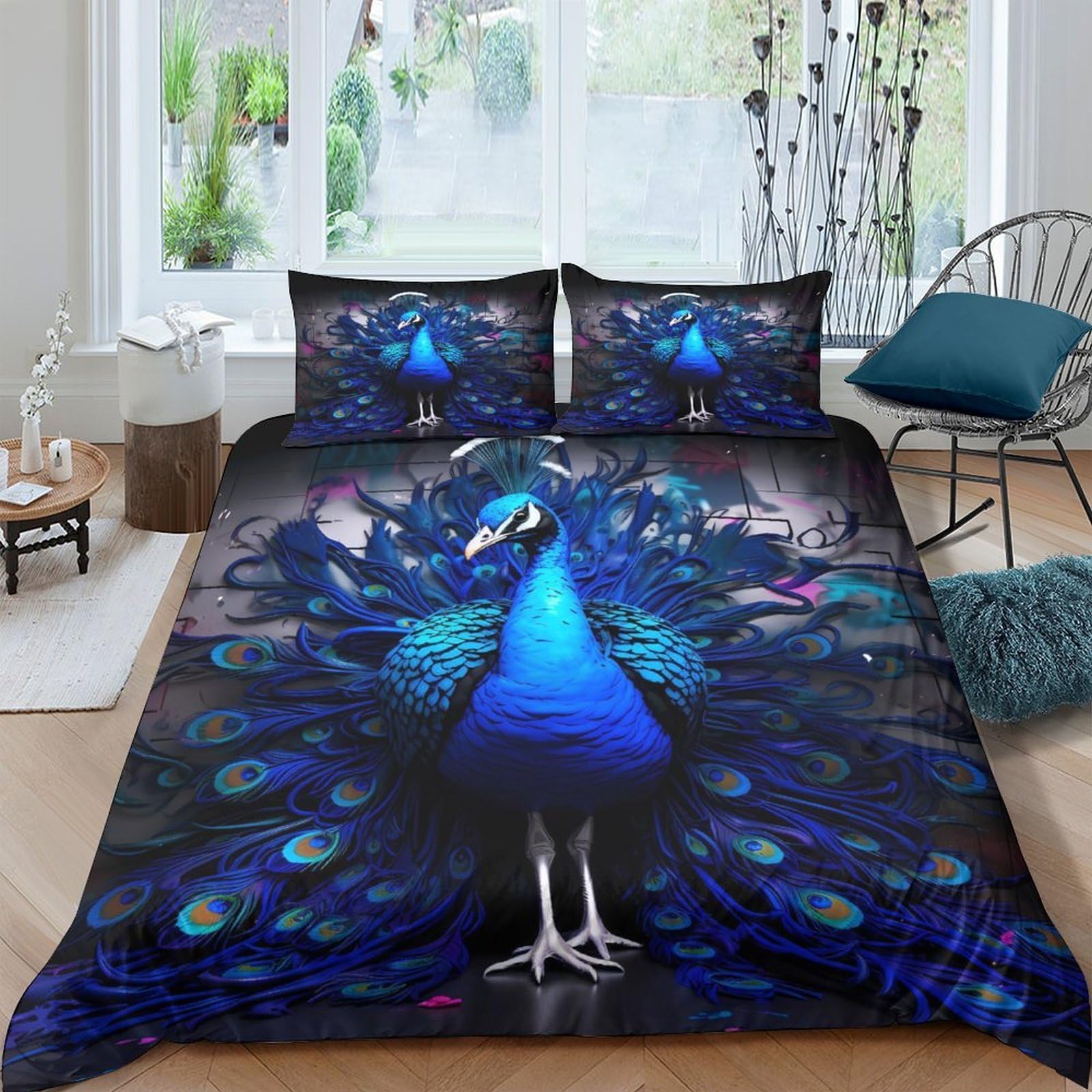 3D Ultrasoft Microfibre Blue peacock art Bedding Quilt Cover All Season Bedding Set with Pillow Cases digital fantasy design Bed Quilt Cover All Season Washable for Couples Super king（260x220cm）