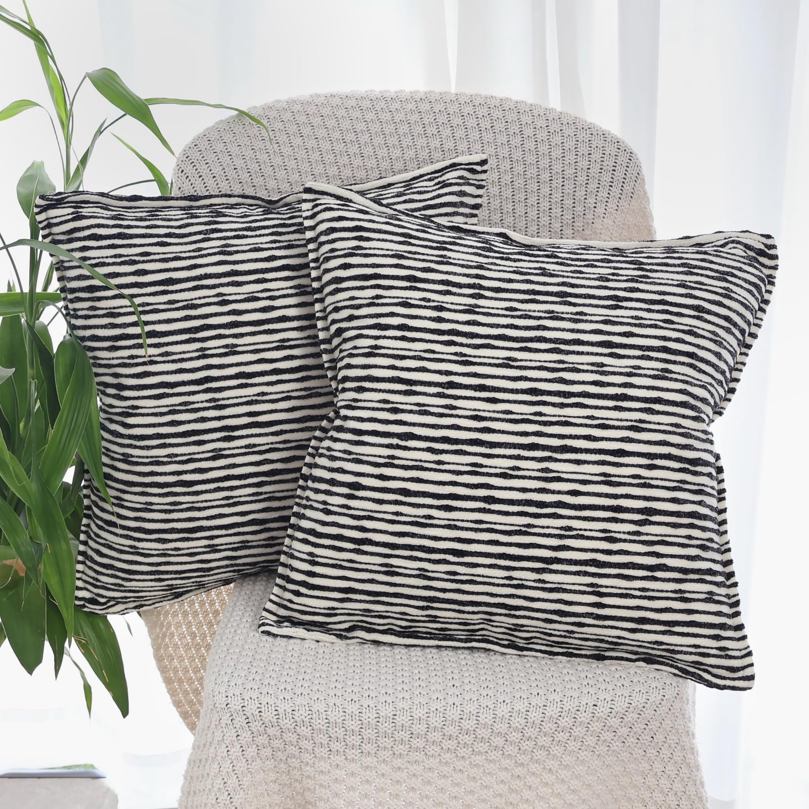 OYIMUA Black and White 20x20 Decorative Throw Pillow Covers Chenille Set of 2 Square Accent Pillows for Couch Living Room Bed Cozy Farmhouse Neutral Cushion Covers